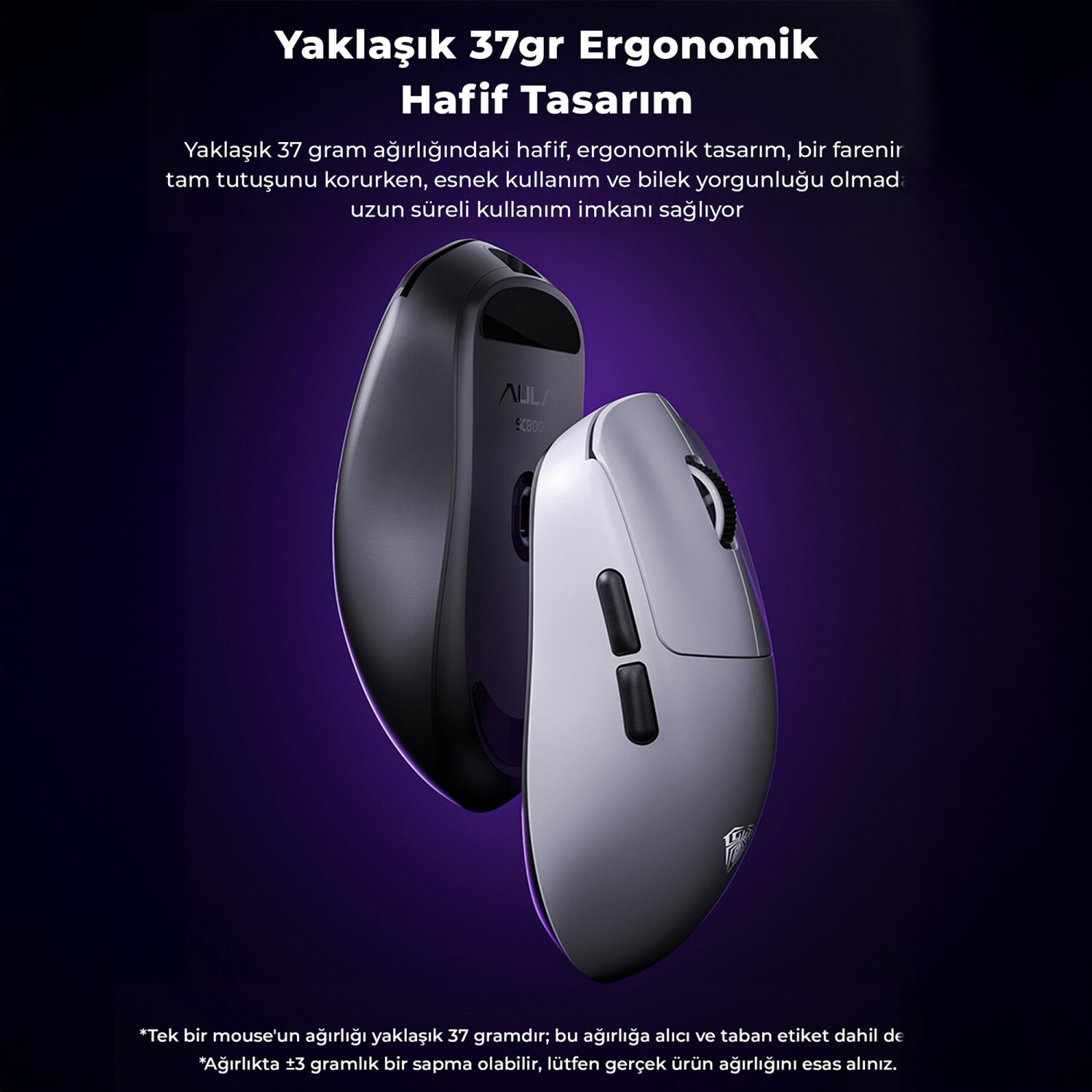 Koyu arka planda, biri siyah diğeri gümüş rengi iki ergonomik, hafif fare.