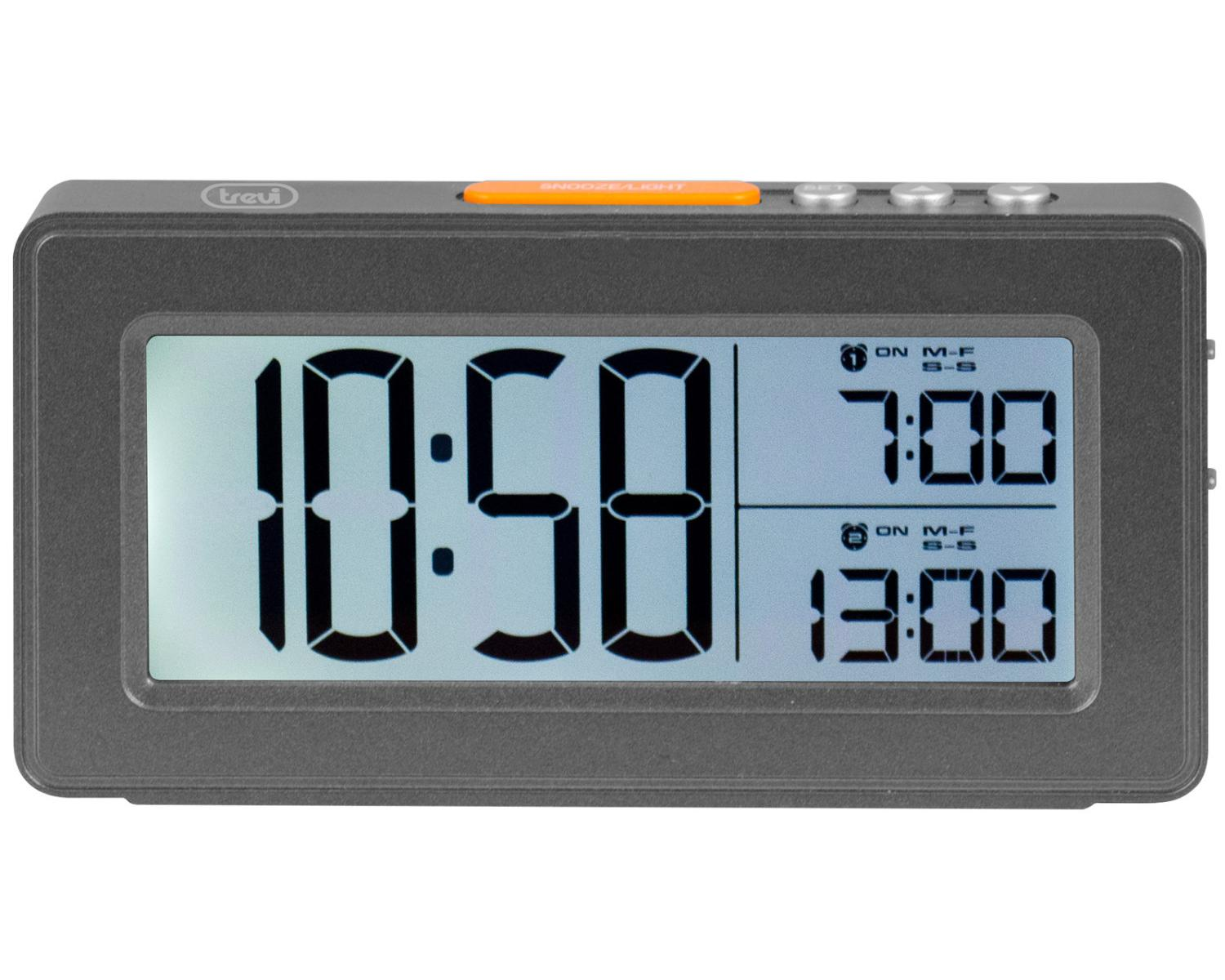 Orologio digitale mostra 10:58, sveglie 7:00 e 13:00.