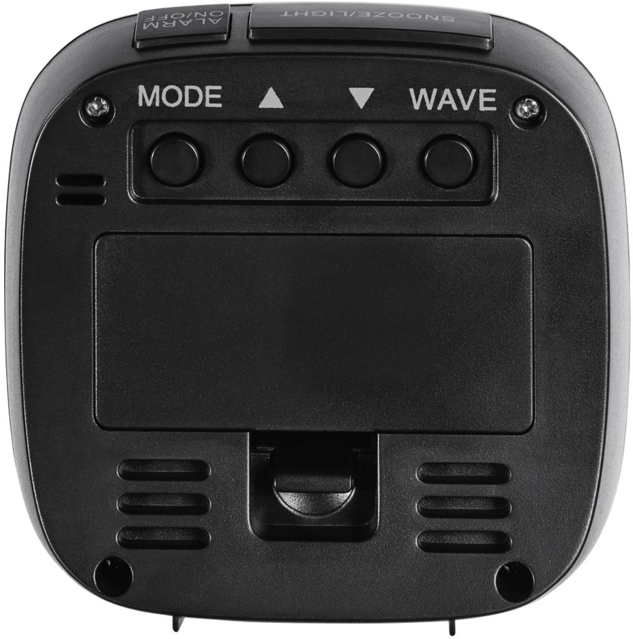 Sveglia nera con pulsanti per modalità, onda, sveglia, snooze/luce.