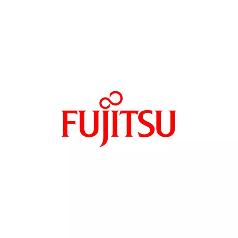 Il logo rosso Fujitsu con un simbolo di infinito sopra.