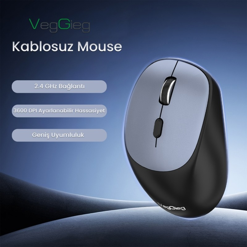 2,4 GHz, 3600 DPI ve geniş uyumluluğa sahip VegGieg kablosuz bilgisayar faresi.