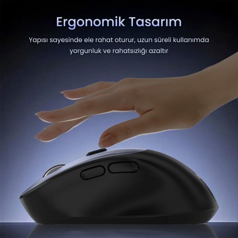 Bir el, ergonomik tasarımlı siyah bir bilgisayar faresinin üzerinde duruyor.