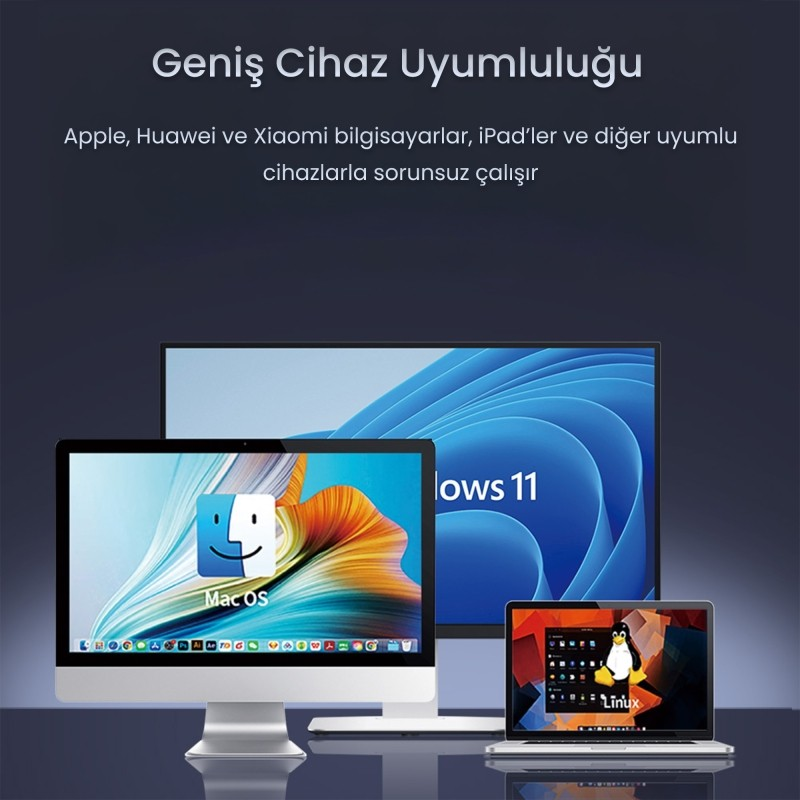 Bir Mac bilgisayar, Windows 11 gösteren monitör ve Linux dizüstü.
