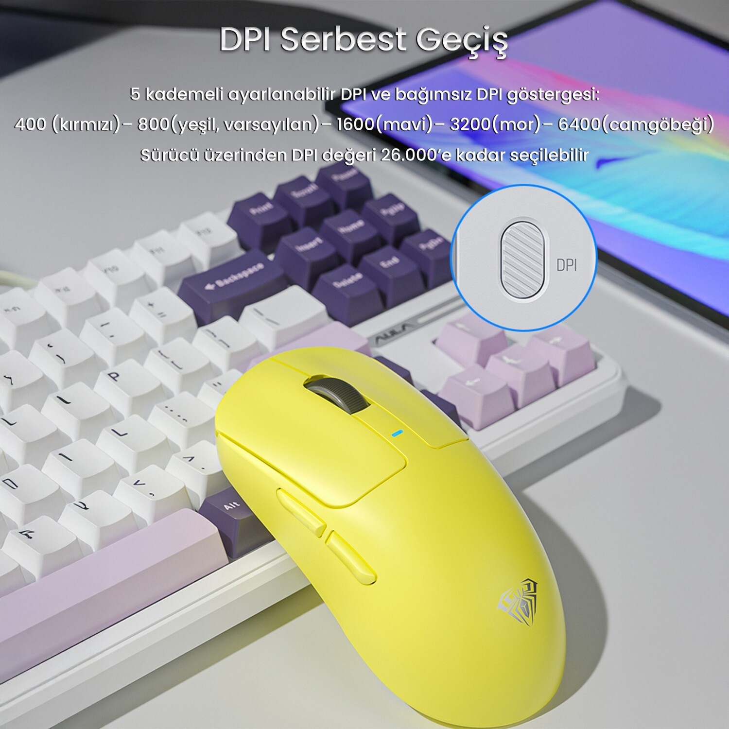 Mor ve lila tuşlu beyaz klavyede sarı fare. DPI göstergesi.