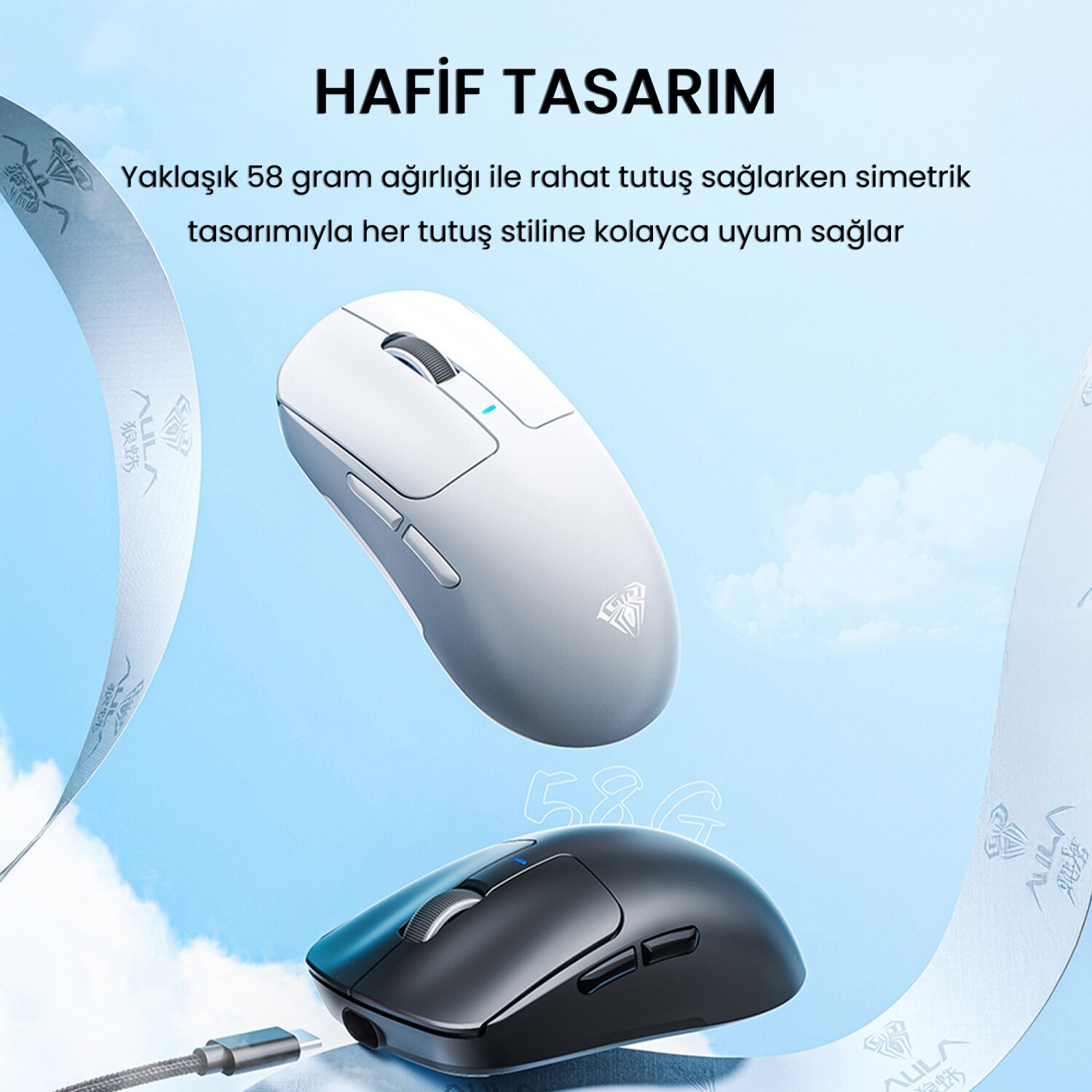Hafif tasarım: Kablolu beyaz ve siyah iki adet fare.
