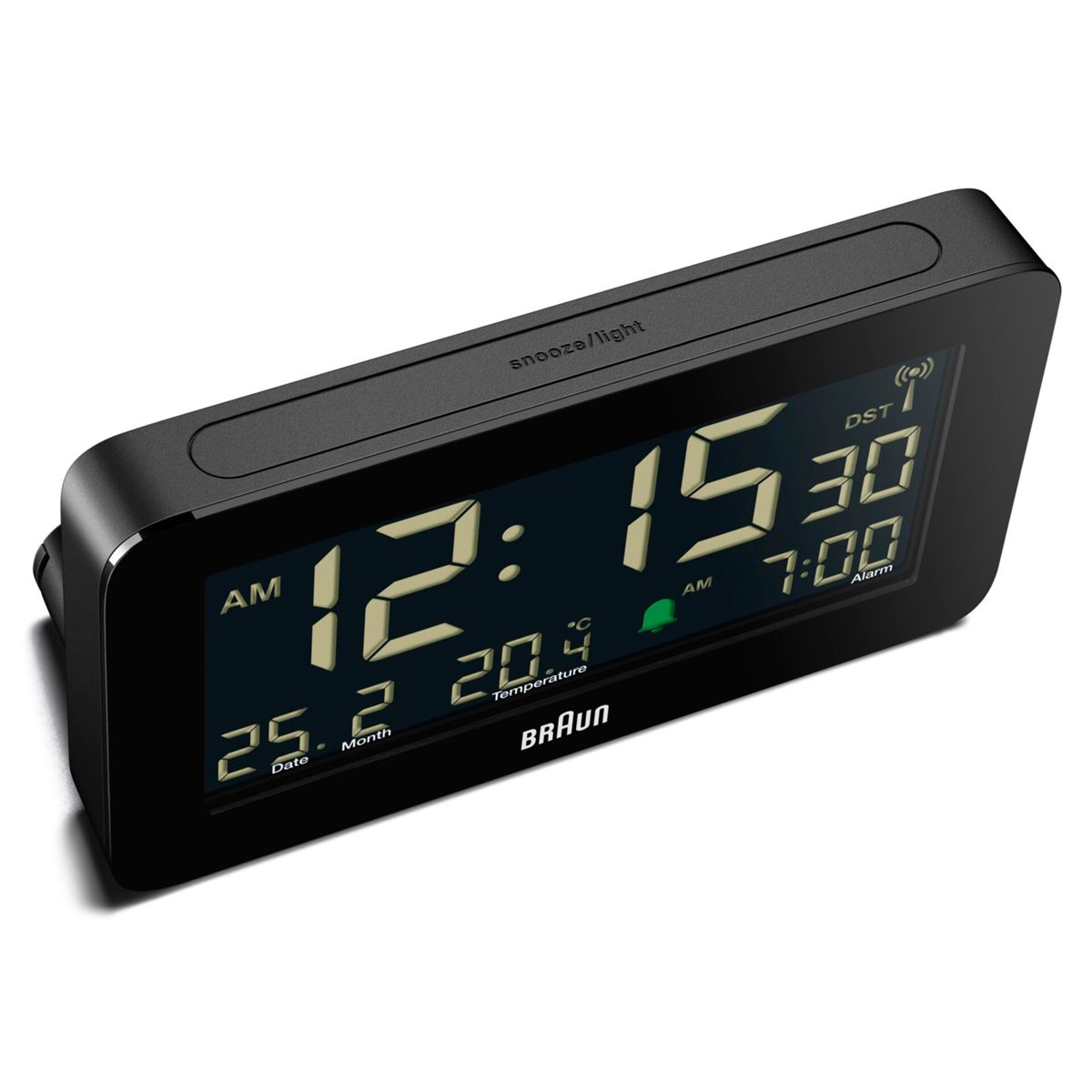 Orologio digitale mostra 12:15, 20.4°C, Data 25.2, Sveglia 7:00.