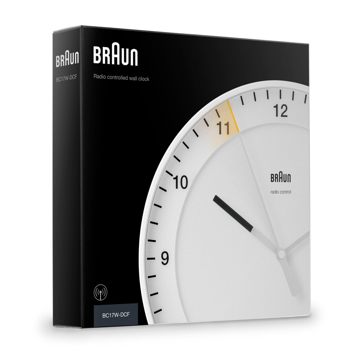 Confezione di un orologio da parete Braun bianco con stampa nera.