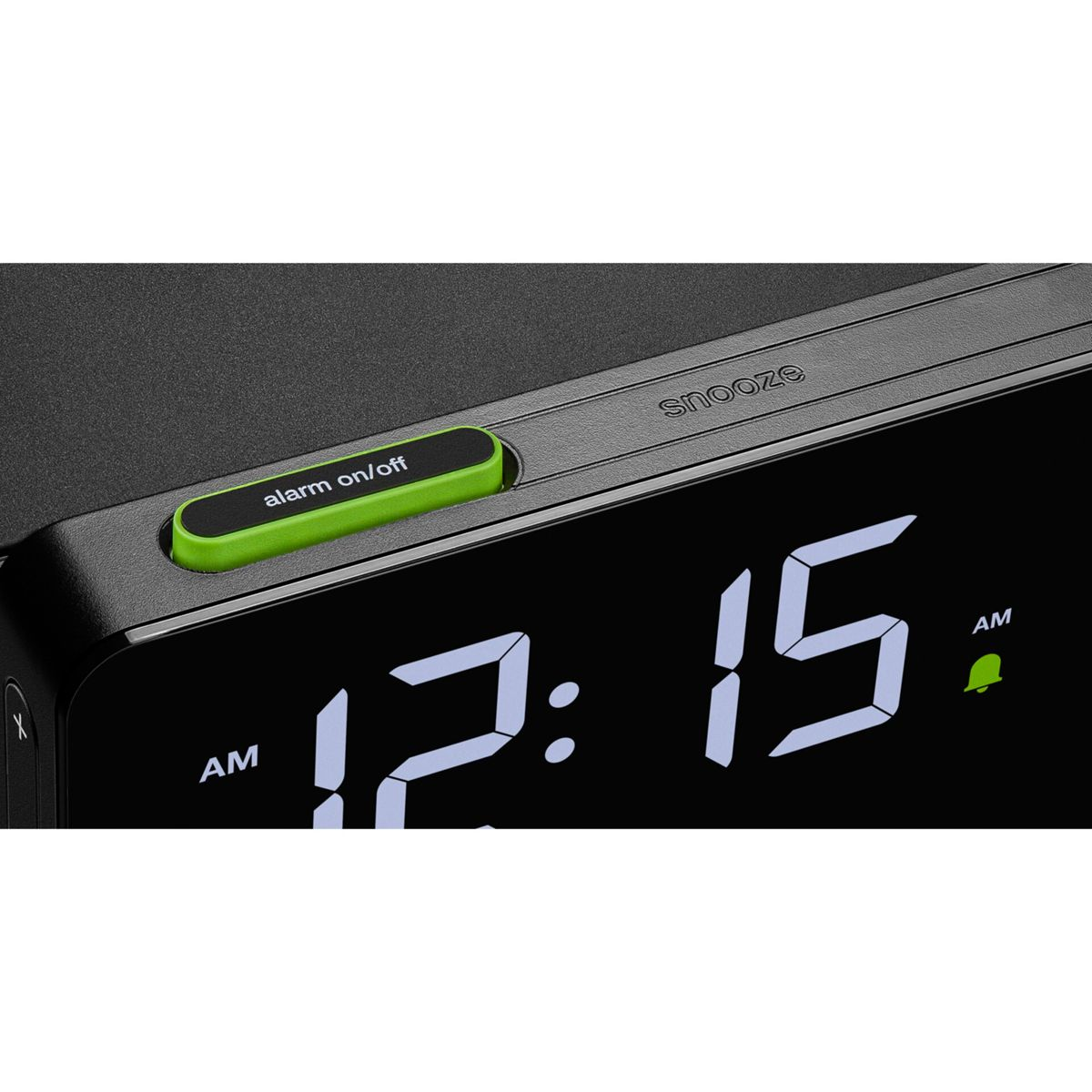 Orologio digitale mostra 12:15 AM con pulsante verde sveglia on/off.