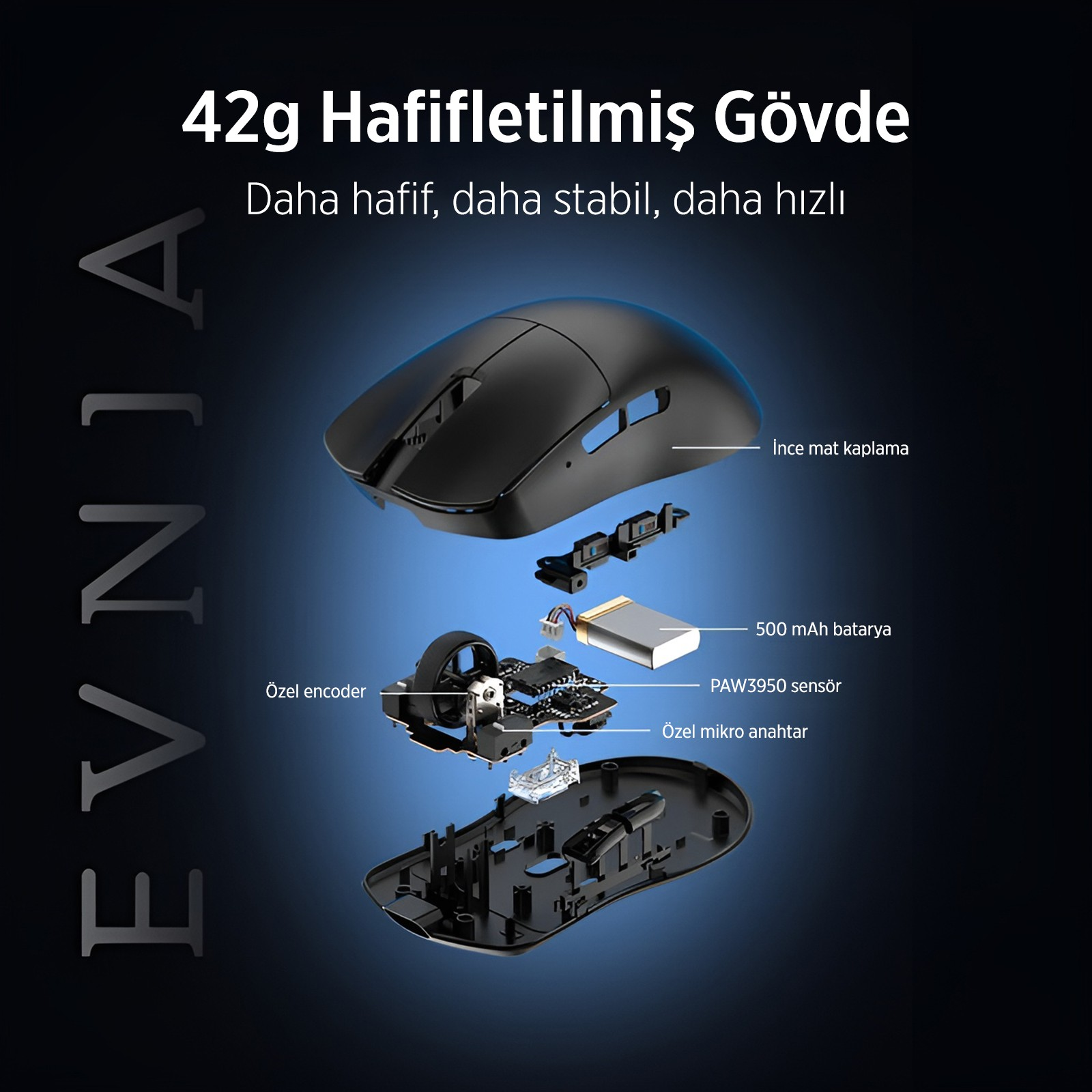 42g hafif gövde, 500mAh bataryalı siyah fare patlatılmış görünüm.