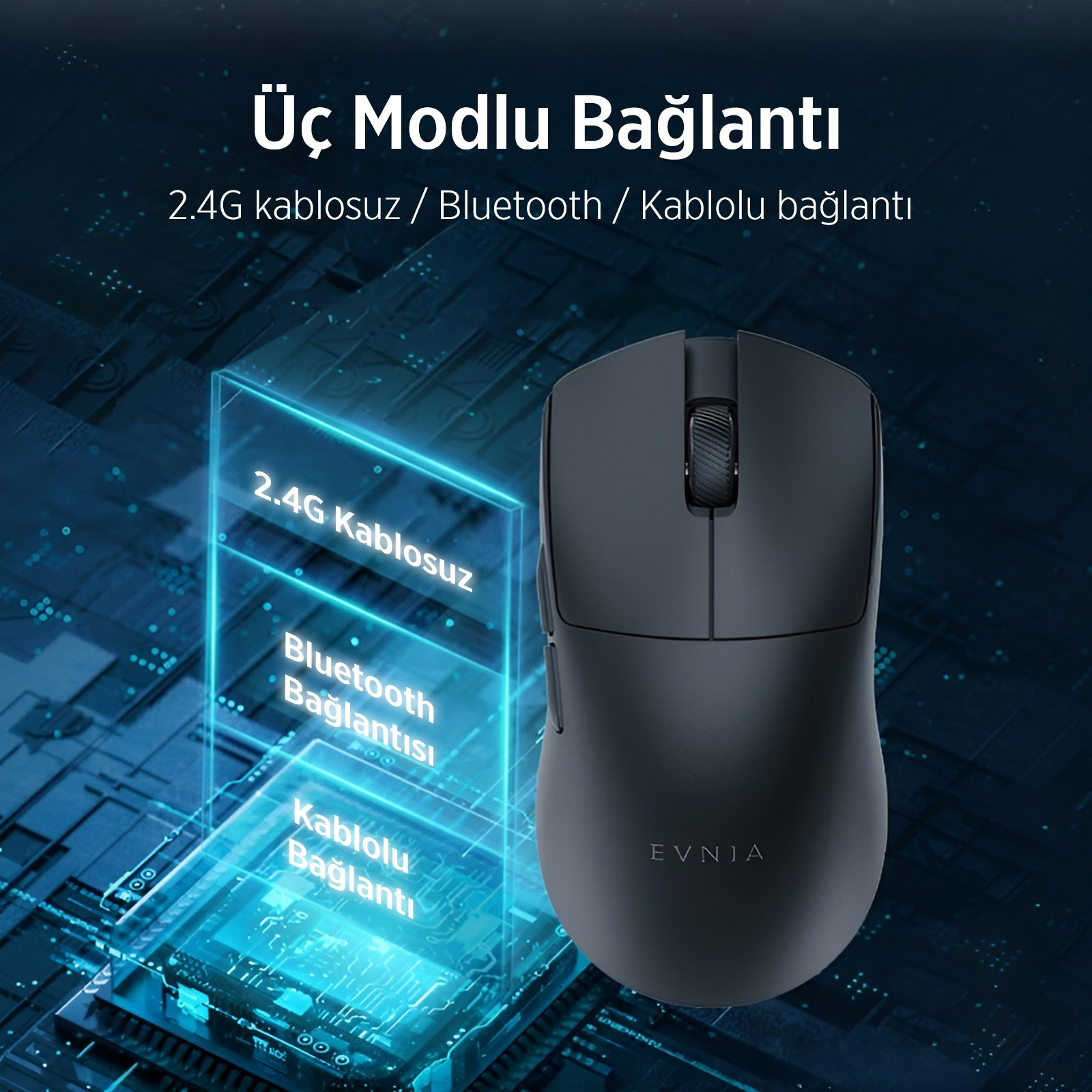 3 bağlantı modlu siyah fare: 2.4G kablosuz, Bluetooth, kablolu.