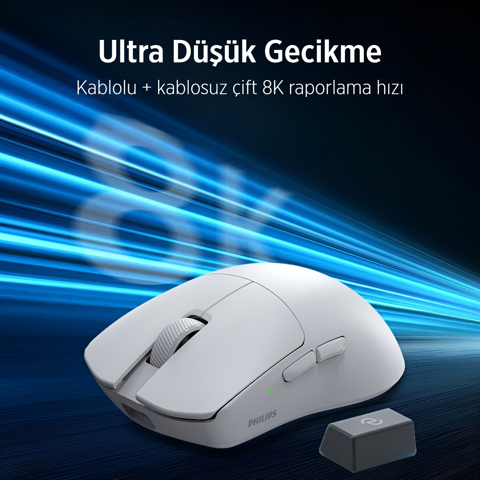Hızlı mavi arka plan üzerinde kaydırma tekerleği ve düğmeleri olan beyaz fare.
