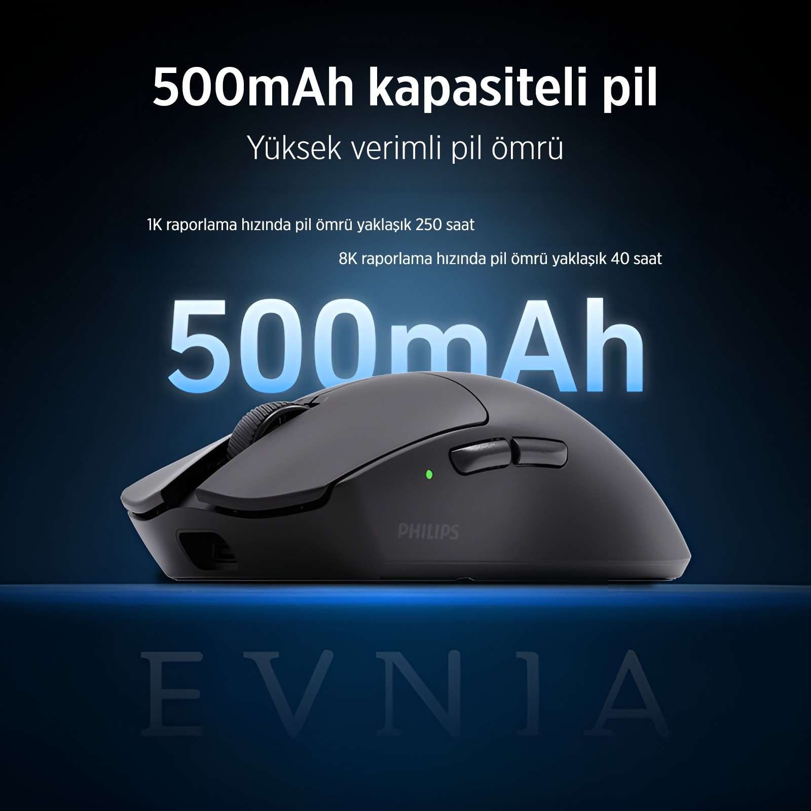 500mAh pilli, yeşil LED'li, siyah Philips fare ve kaydırma tekerleği.