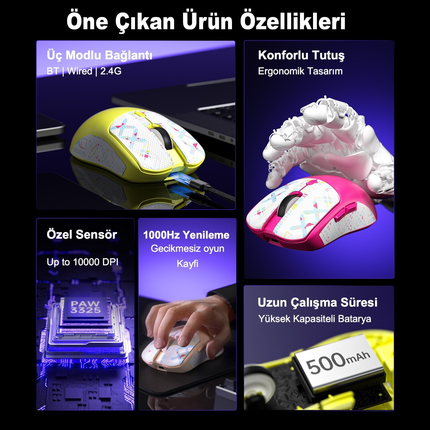 Ürün özellikleri: 3 bağlantı modlu fare, 10000 DPI'a kadar, 1000Hz, ergonomik, 500mAh pil.