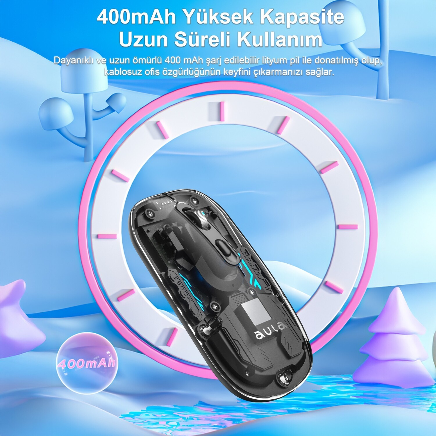 400mAh pilli şeffaf siyah bilgisayar faresi.