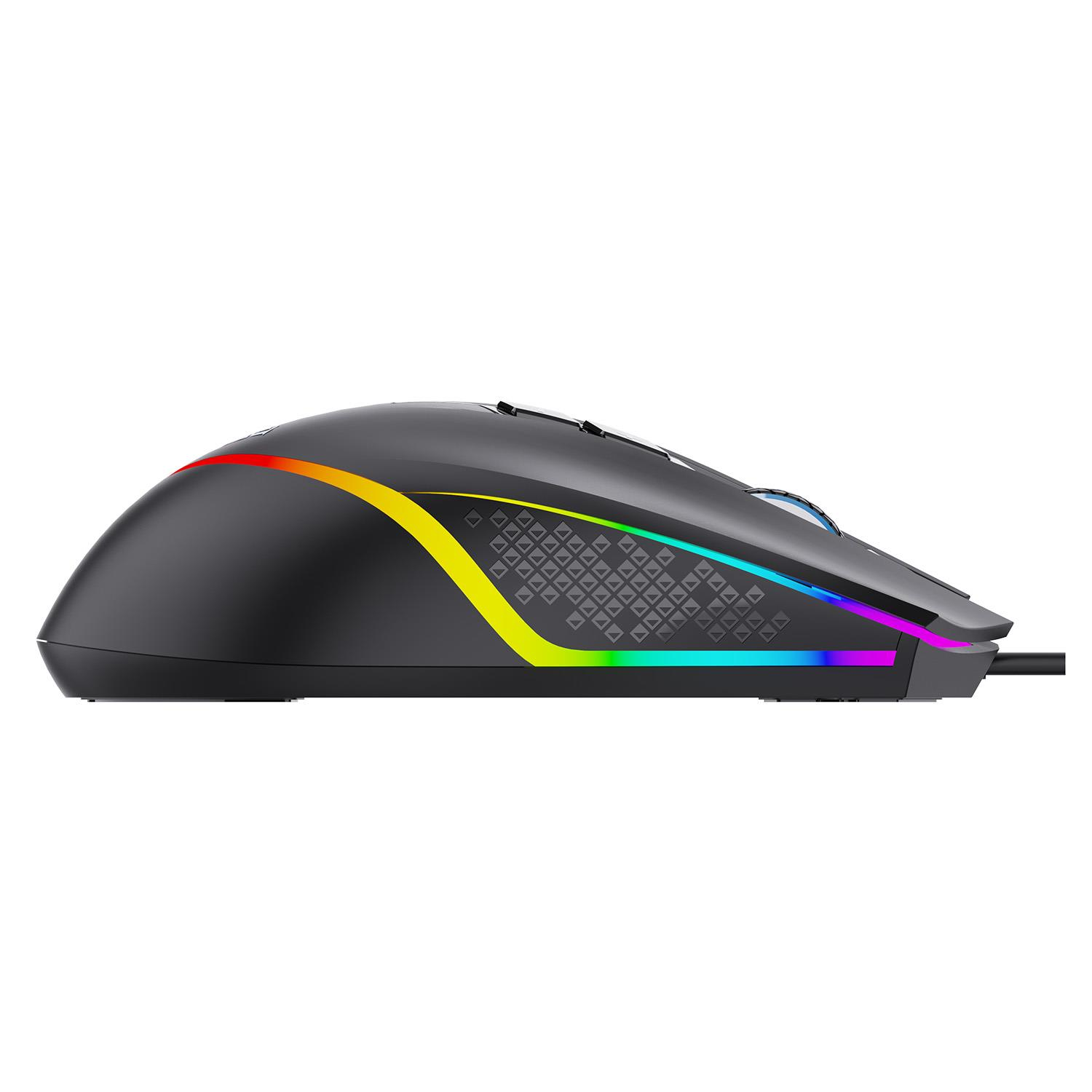 RGB aydınlatmalı ve dokulu yanlara sahip siyah oyuncu faresi.