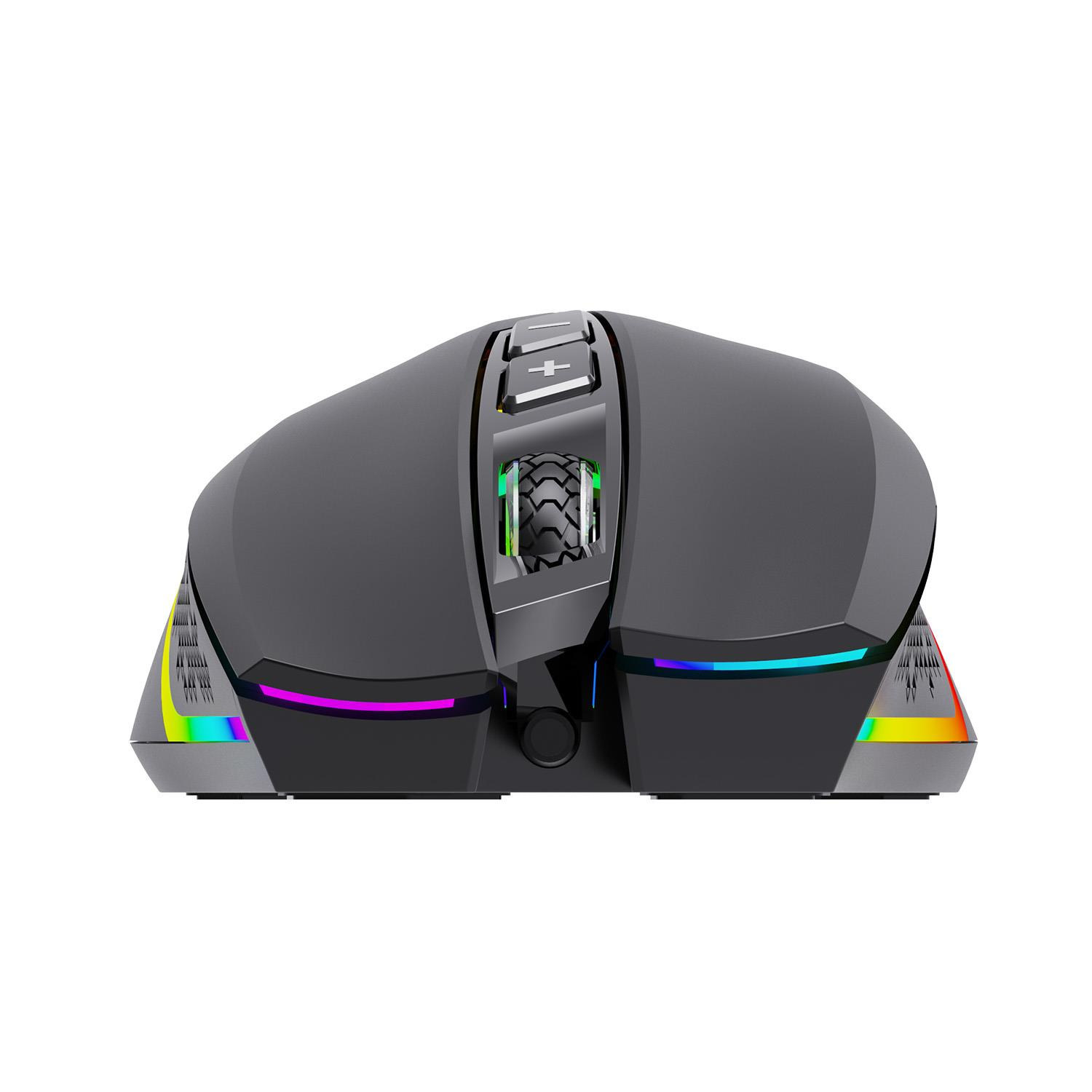 RGB aydınlatmalı gri oyuncu faresi ve tekerleği.
