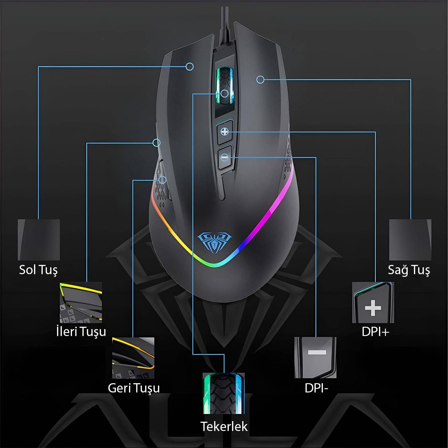 RGB aydınlatmalı ve vurgulanmış düğmeli siyah oyuncu faresi.