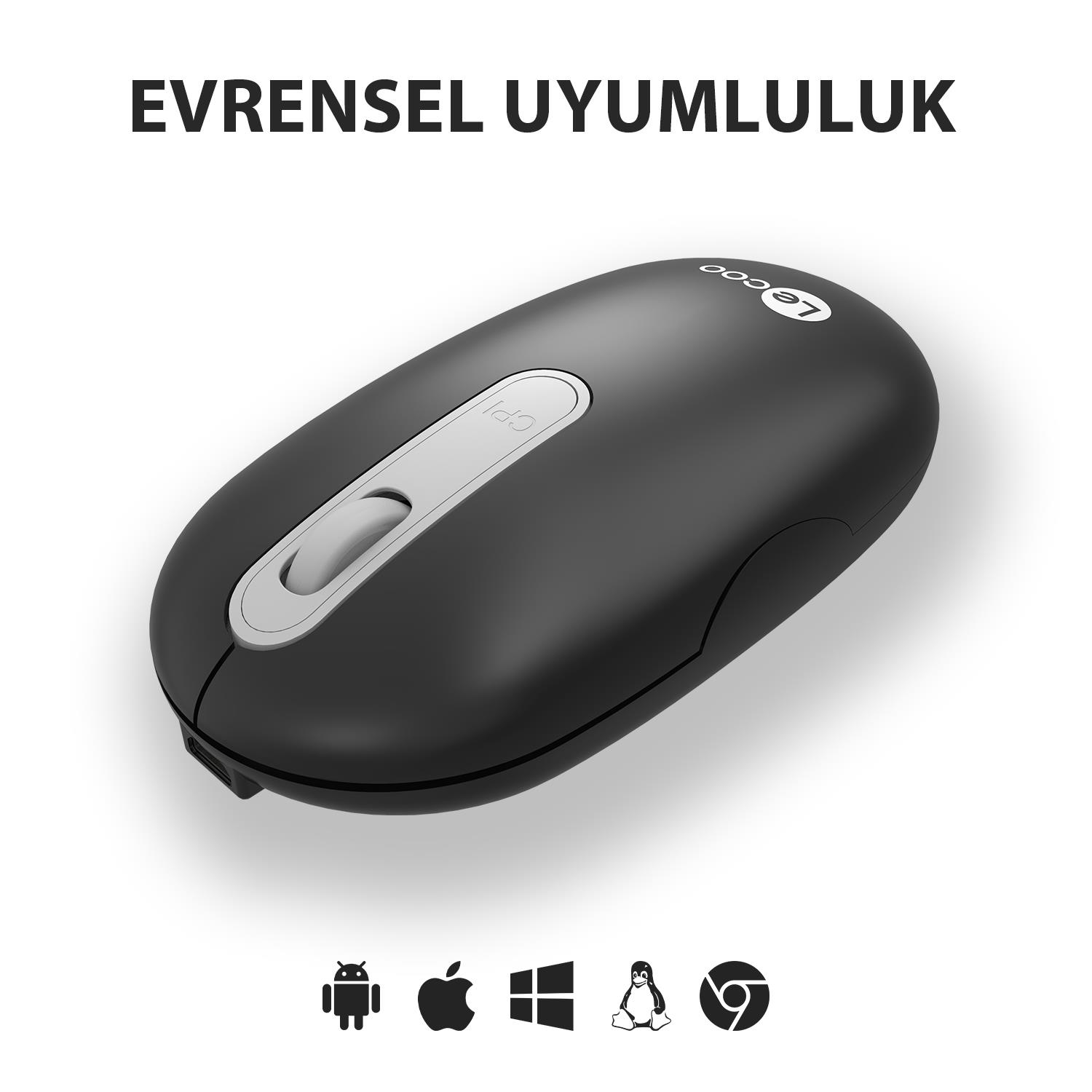 Kaydırma tekerlekli ve DPI düğmeli siyah kablosuz fare, işletim sistemi simgeleriyle.