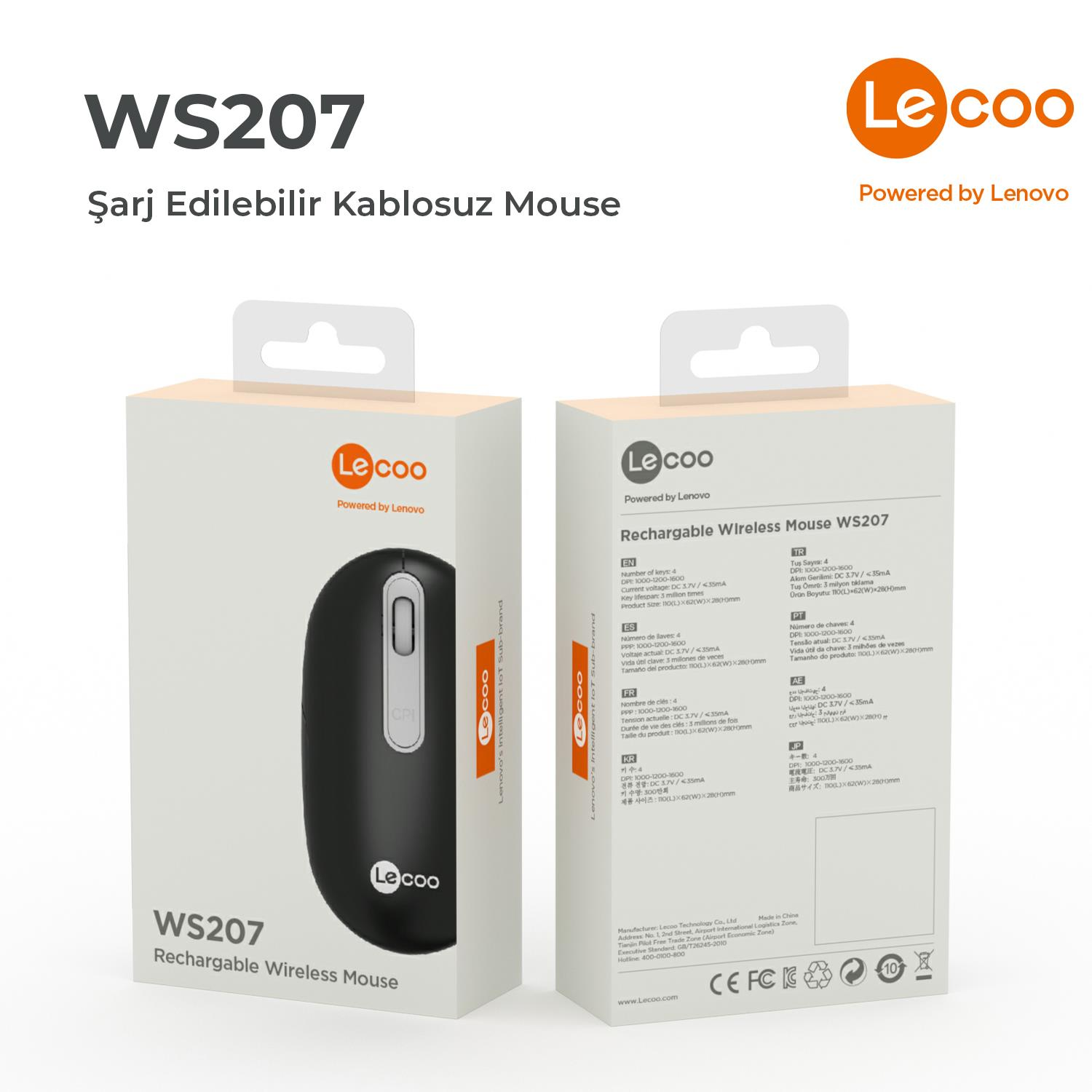 Lecoo'dan siyah şarj edilebilir kablosuz fare WS207, ön ve kutu gösteriliyor.