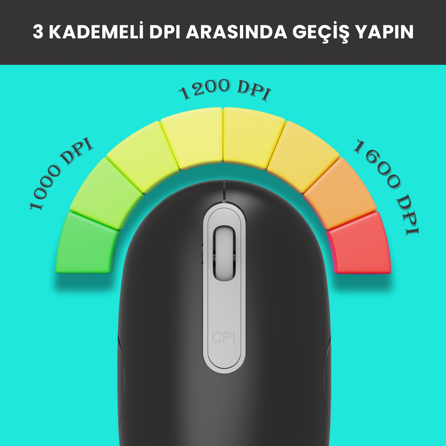 1000-1600 DPI seviyelerini gösteren renkli segmentlere sahip siyah fare.