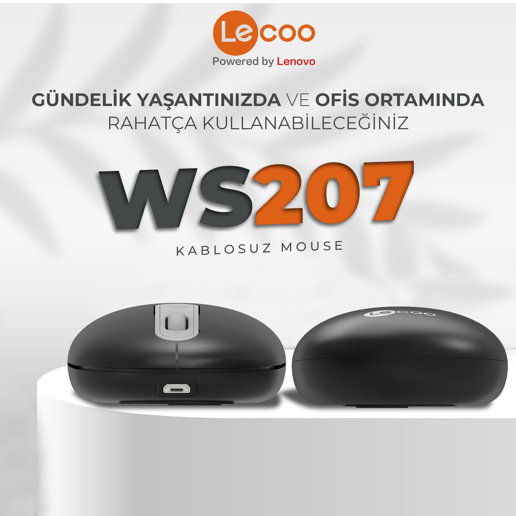 Beyaz bir kaide üzerinde iki adet siyah Le coo WS207 kablosuz fare.