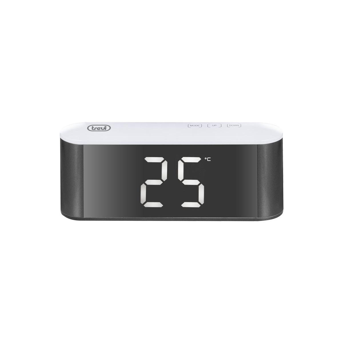 Moderner digitaler Thermometer mit weiem Gehäuse und schwarzem Display, zeigt 25 Grad an.