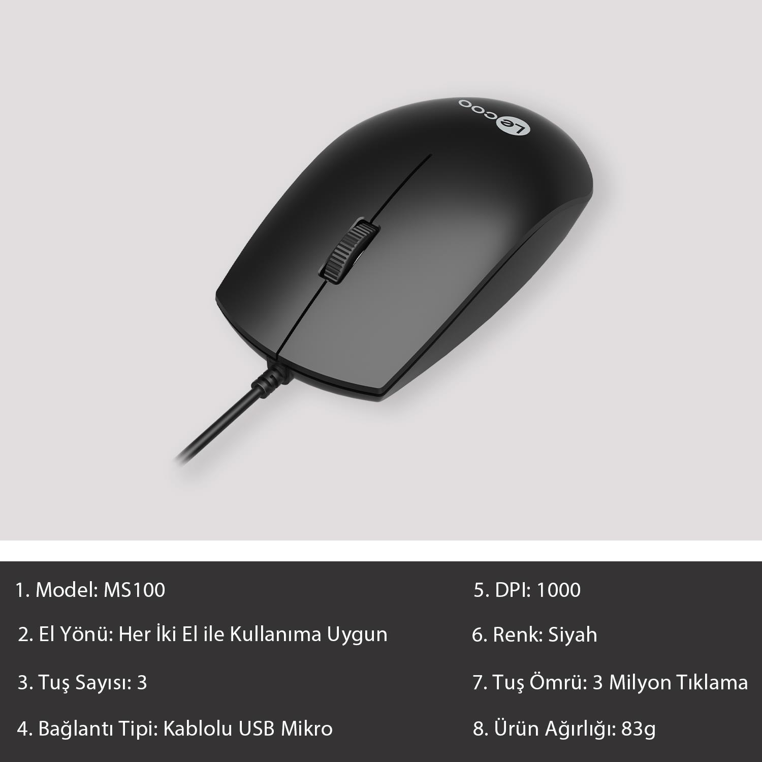 Siyah kablolu USB fare, MS100 model, kaydırma tekerleği ve logolu.
