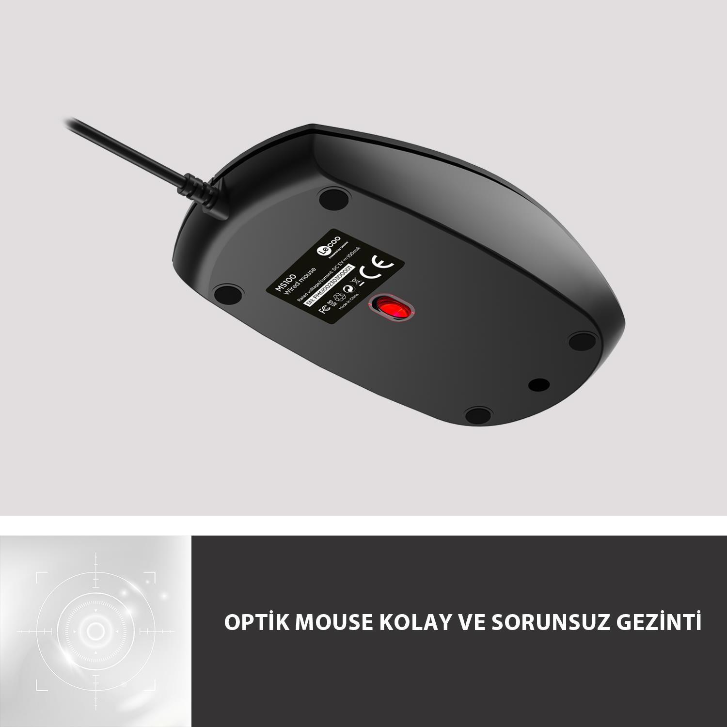 Kablolu siyah farenin alt kısmı, kırmızı optik sensörlü.