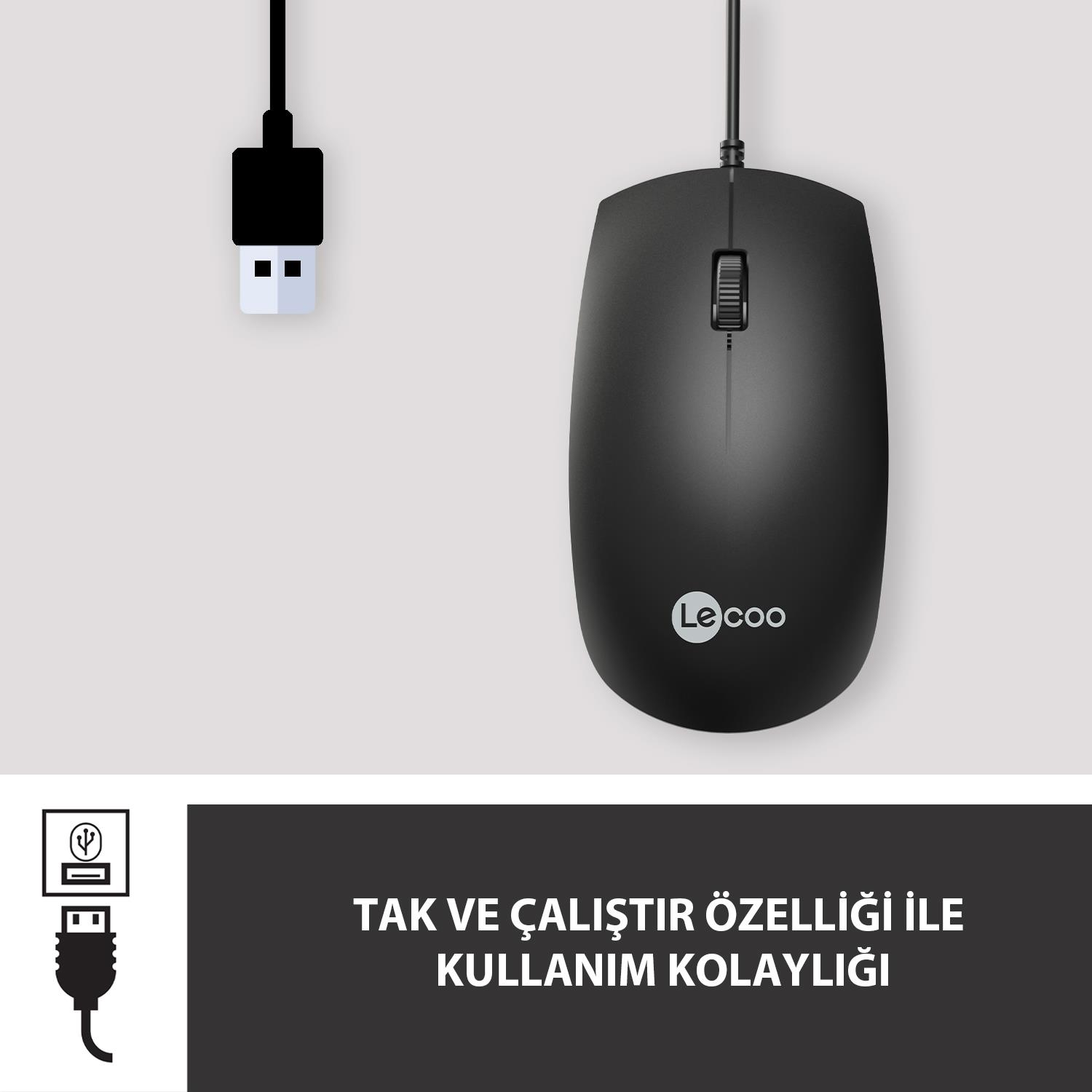 Kaydırma tekerlekli ve USB kablo konektörlü siyah bilgisayar faresi.
