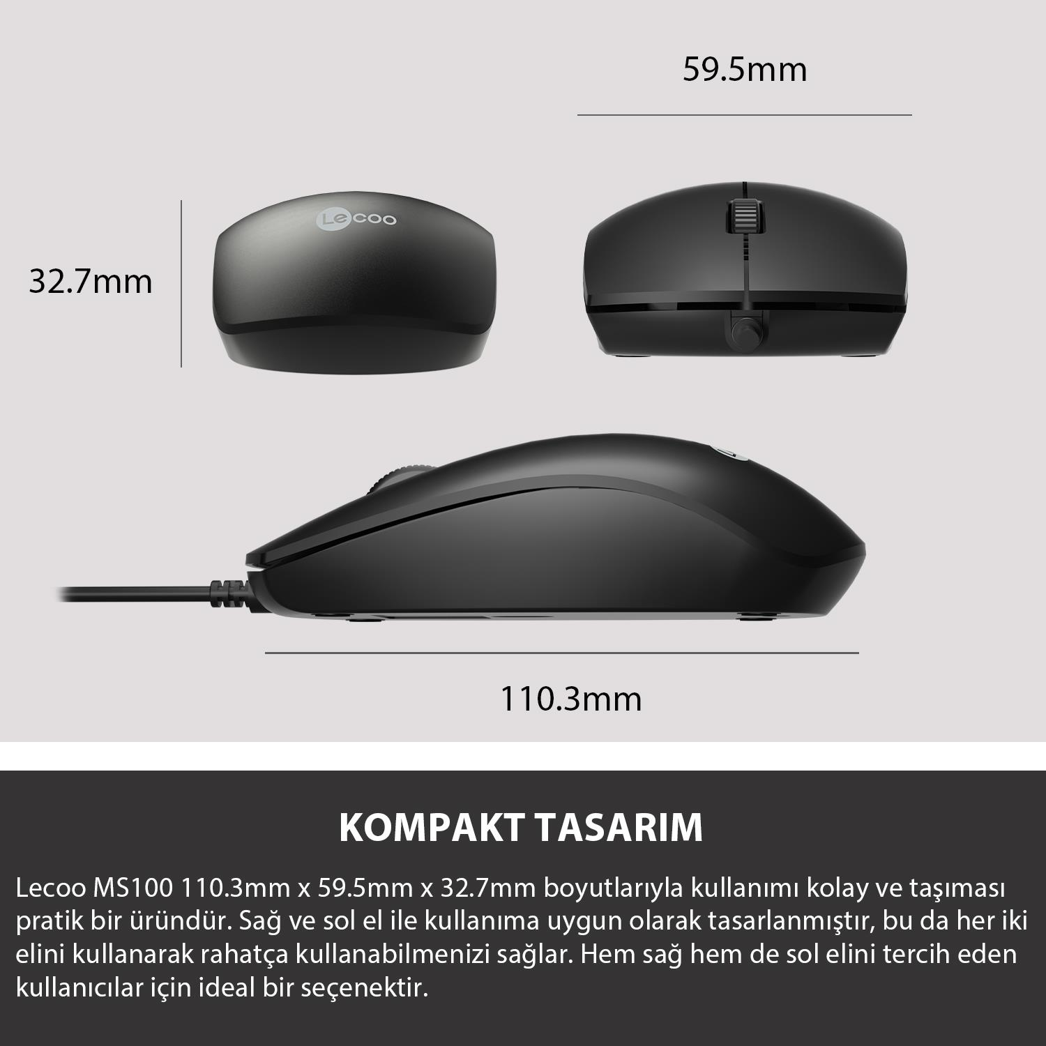 Siyah Lecoo MS100 fare, boyutları 110.3x59.5x32.7mm. Ambidextrous tasarım.