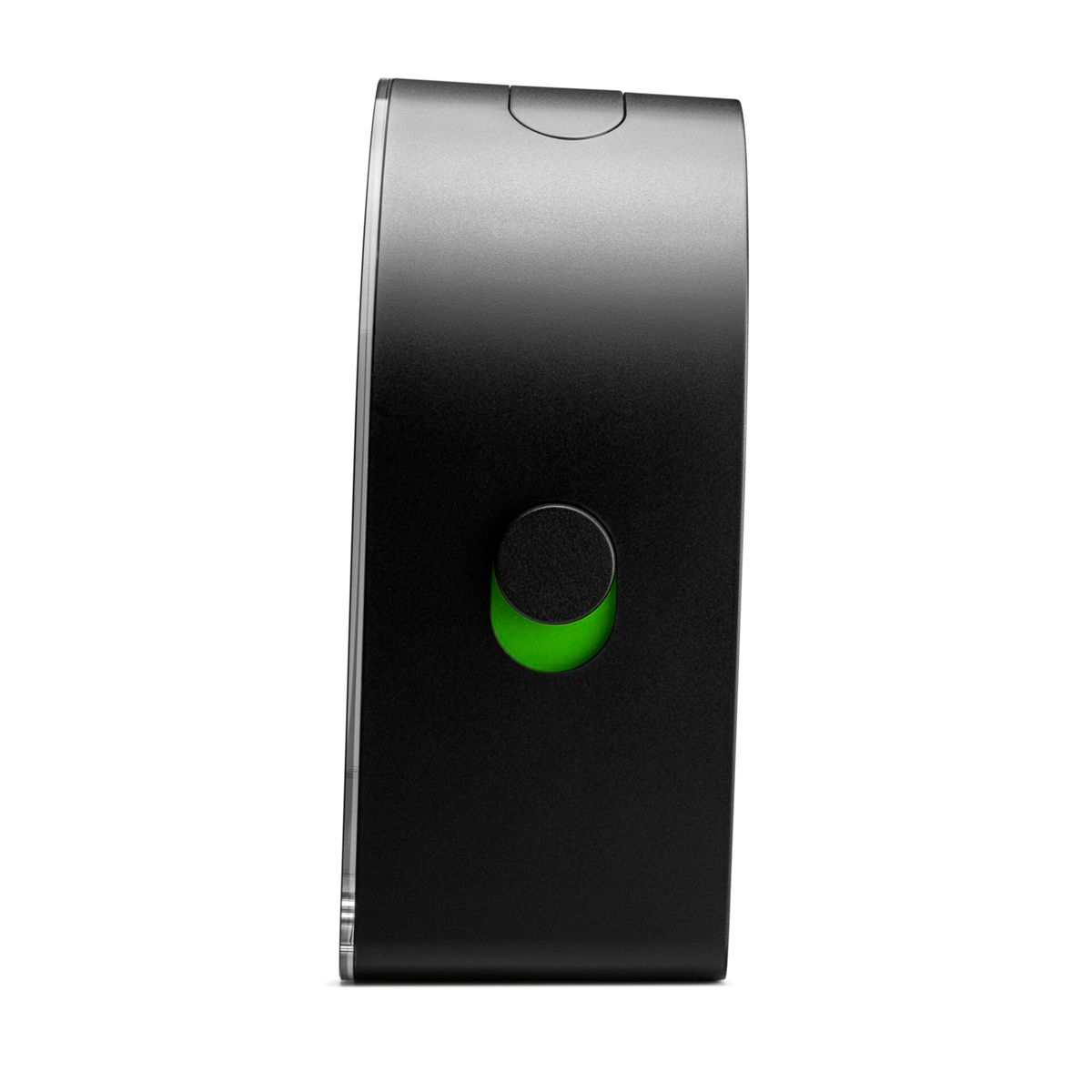 Un dispositivo elettronico nero con un anello luminoso verde attorno a una manopola.