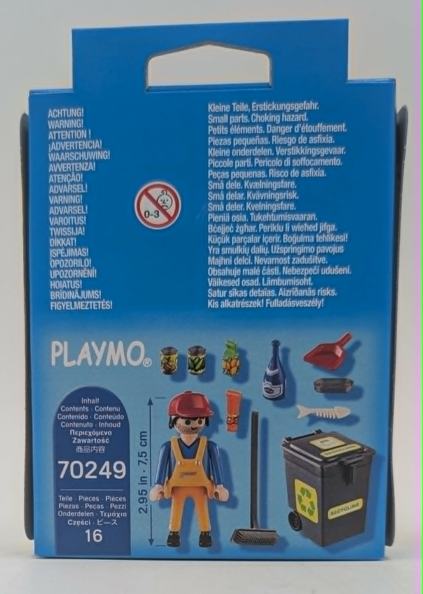 Scatola Playmobil con operaio, bidone e attrezzi. Modello 70249.