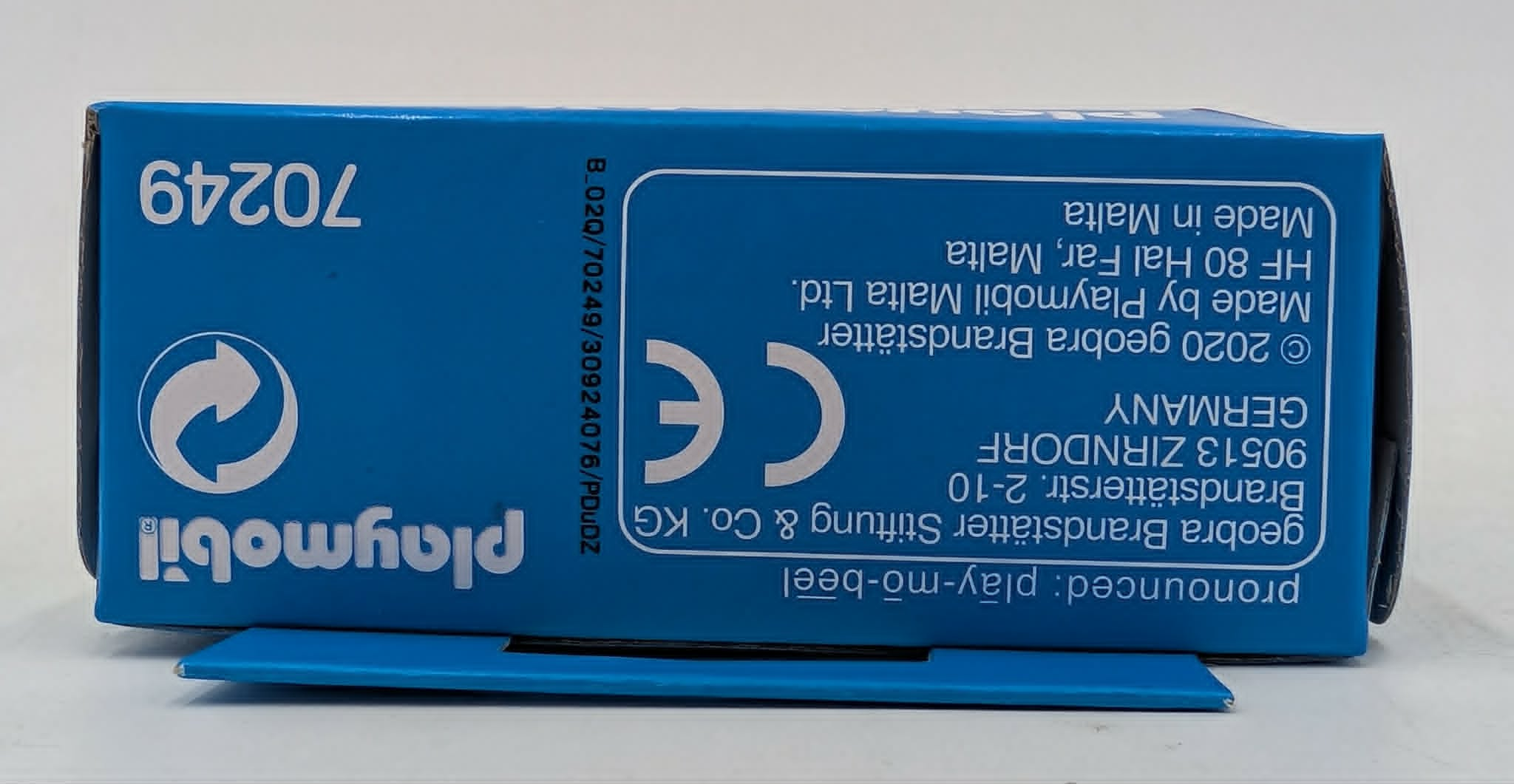 Scatola blu Playmobil con testo e loghi. Visibile il numero 70249.