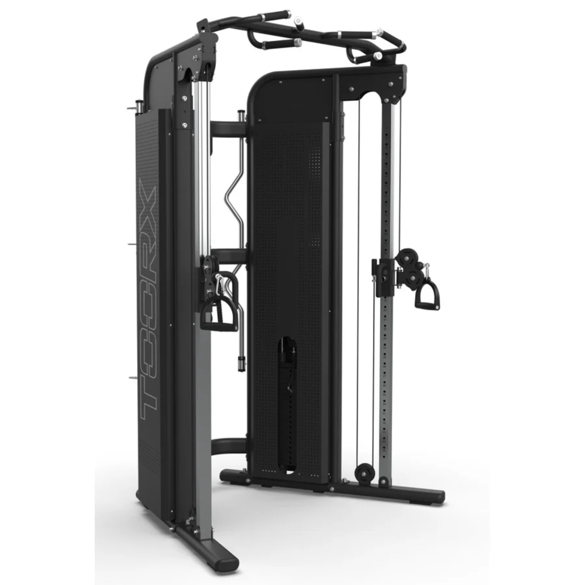 A black, multi-functional fitness machine with cable pulleys and handles.