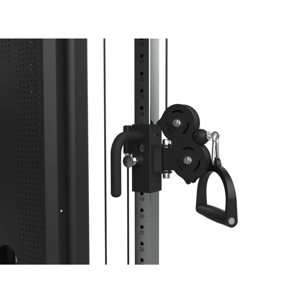 Close-up of a black cable machine handle with pulleys on a grey vertical post.