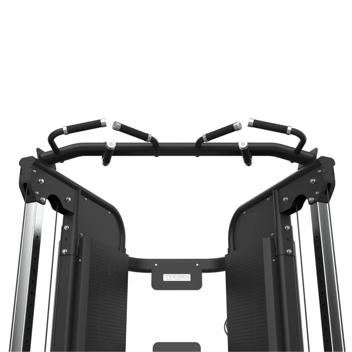 Black gym machine with pull-up bar and padded grips. Perforated panels visible.