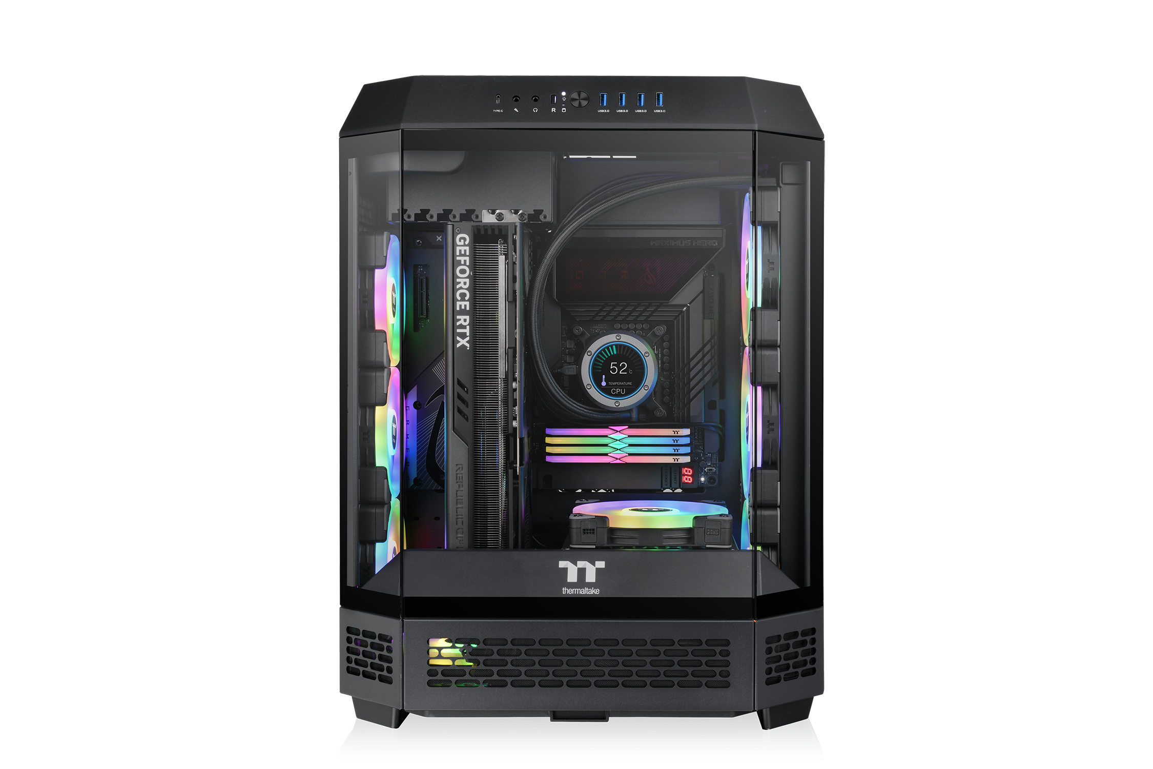 Un PC potente con illuminazione RGB, componenti visibili e pannello frontale in vetro.
