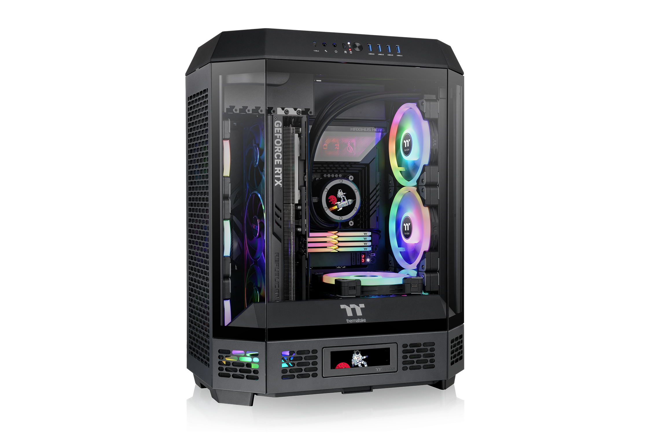 Un case per PC nero con finestra in vetro, ventole illuminate e illuminazione RGB.