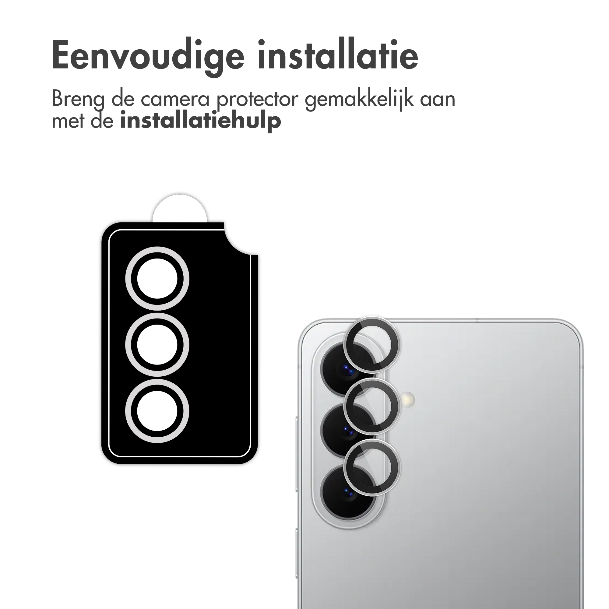 Zwart hulpmiddel voor camera screenprotectors naast een mobiele telefoon.