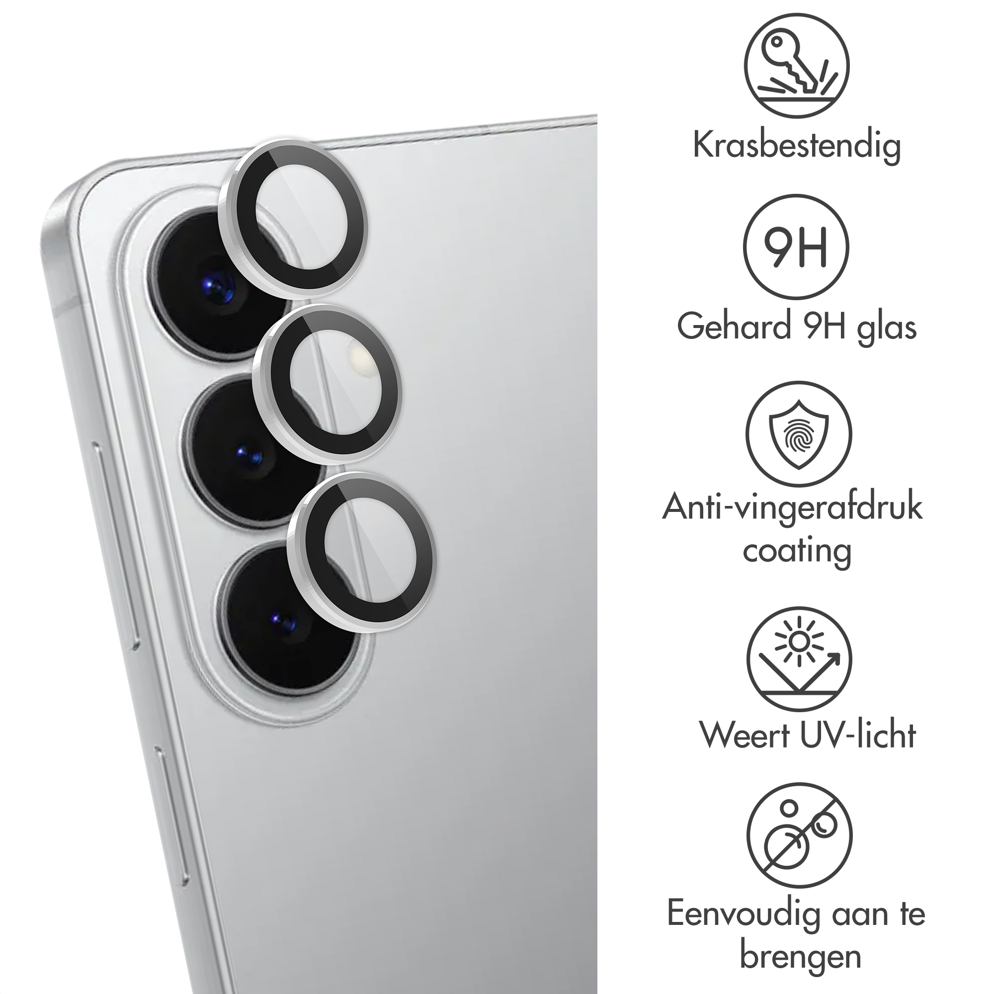 Zilveren smartphone met cameralensbeschermers en iconen voor krasbestendigheid.