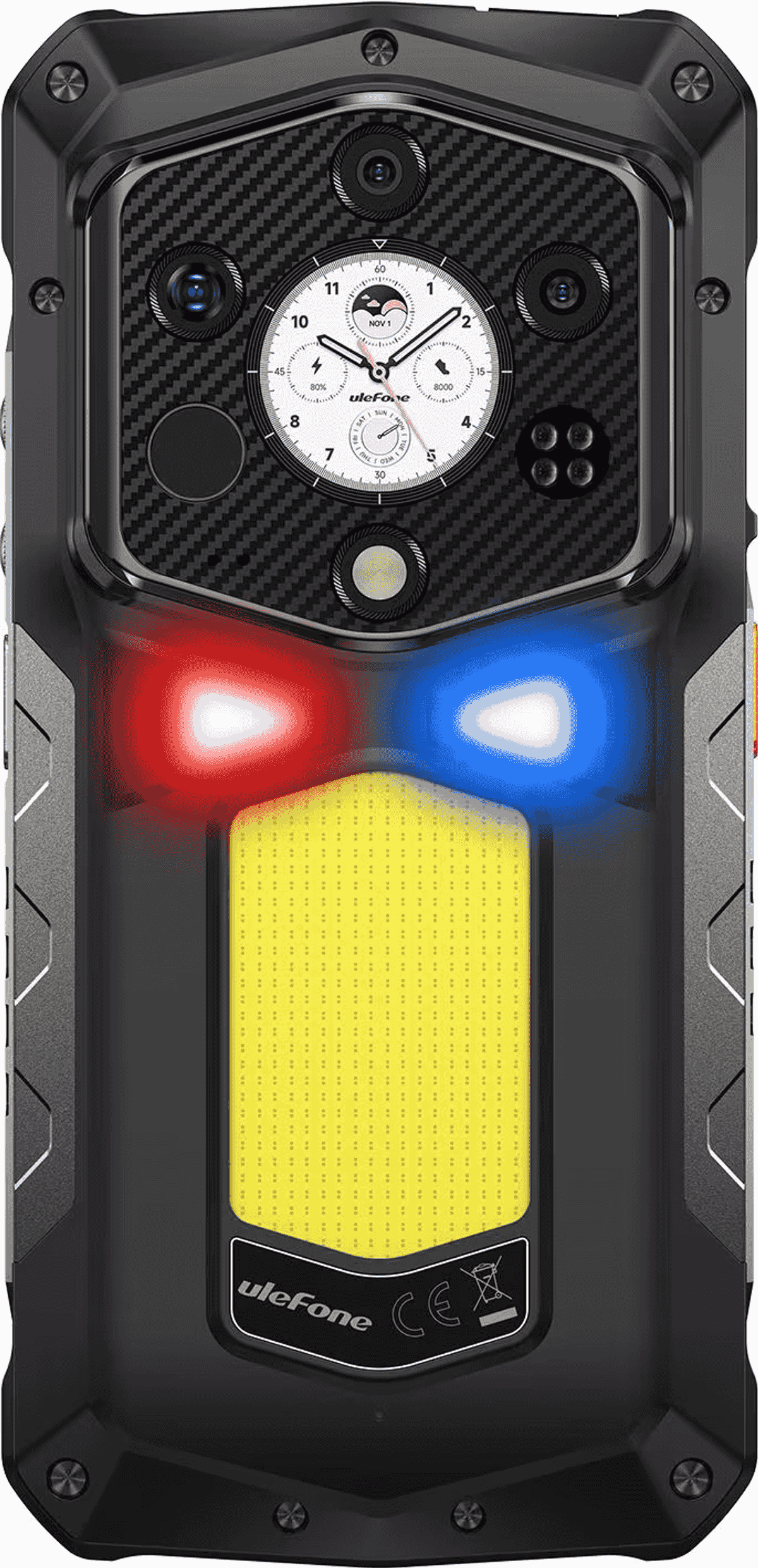 Smartphone robusto con design in carbonio, orologio, luci flash e luce gialla.