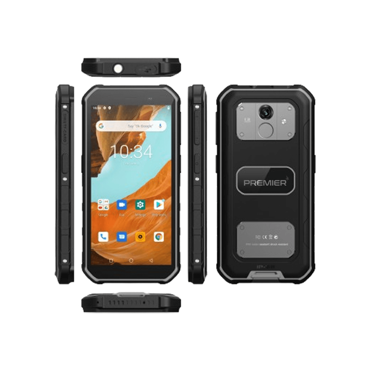 Uno smartphone nero robusto con fotocamera posteriore, marchio PREMIER.