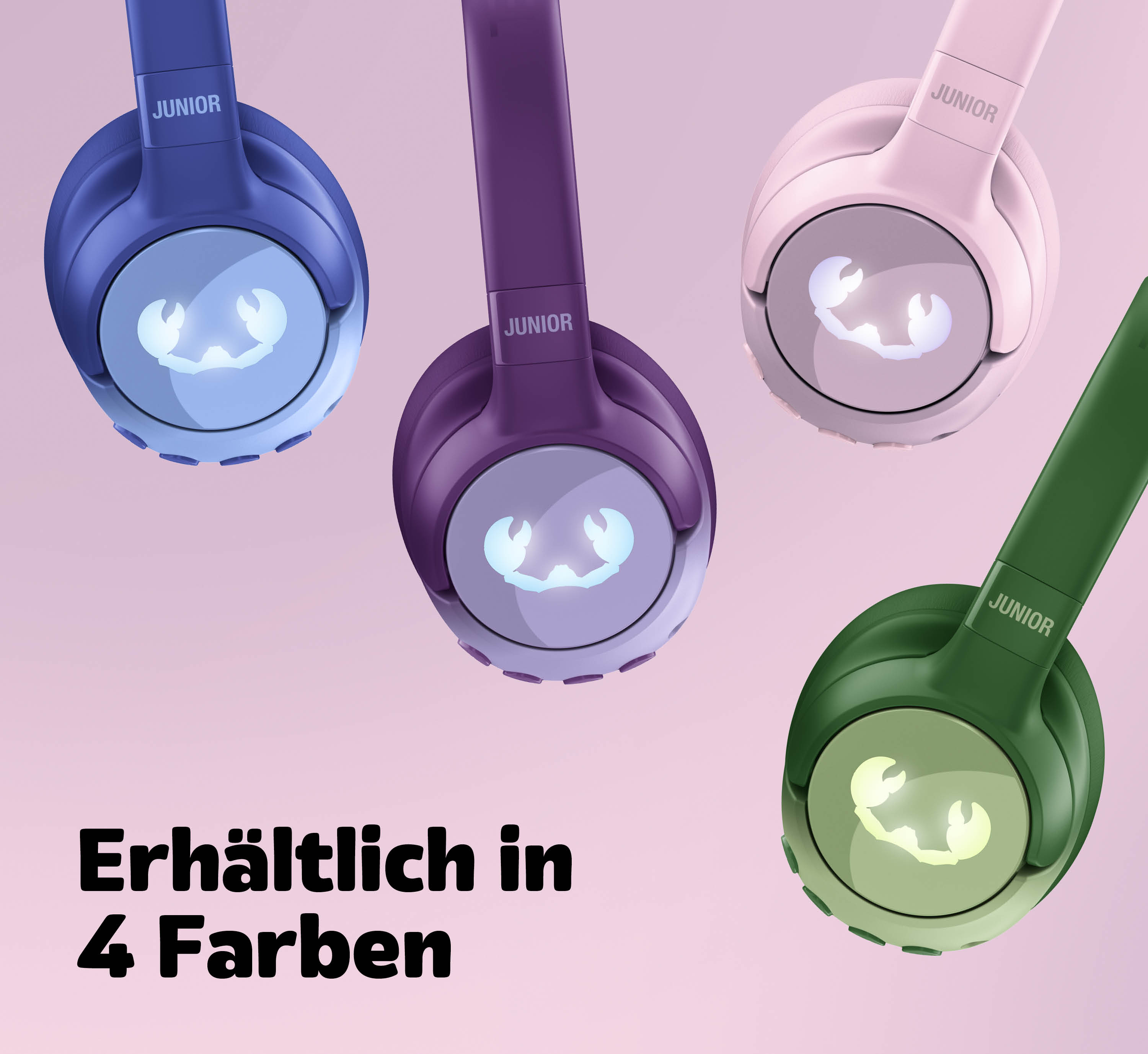 Quattro cuffie blu, viola, rosa e verdi con simboli di granchio luminosi.
