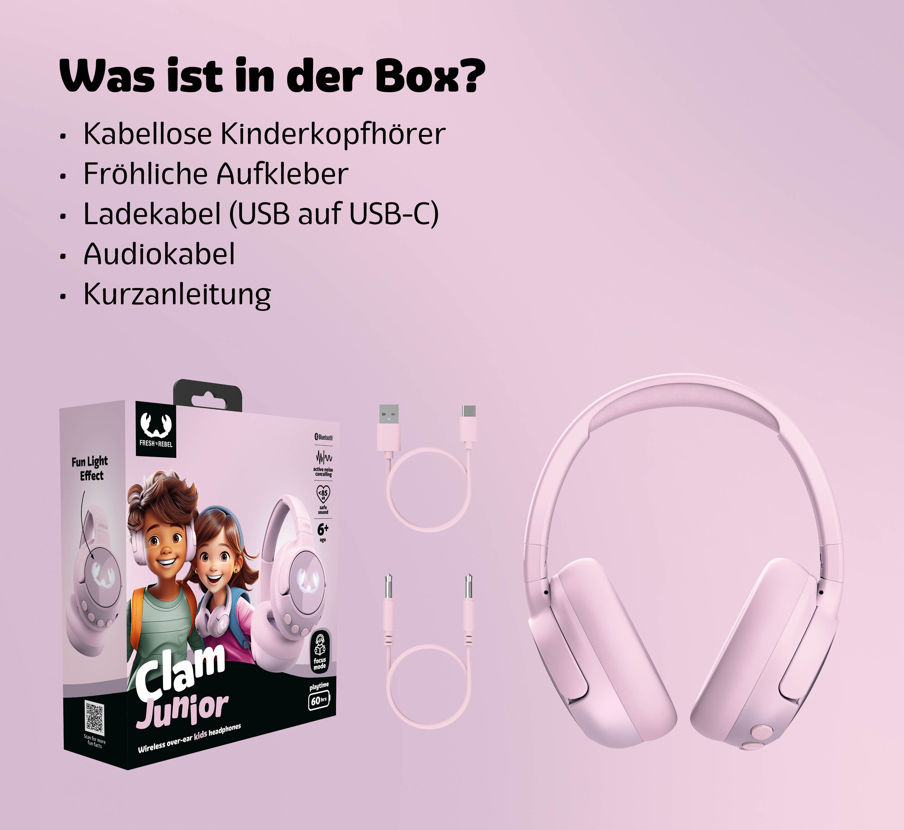 Cuffie wireless rosa per bambini, con accessori e confezione. Caratteristiche: Bluetooth, ANC, suono sicuro.