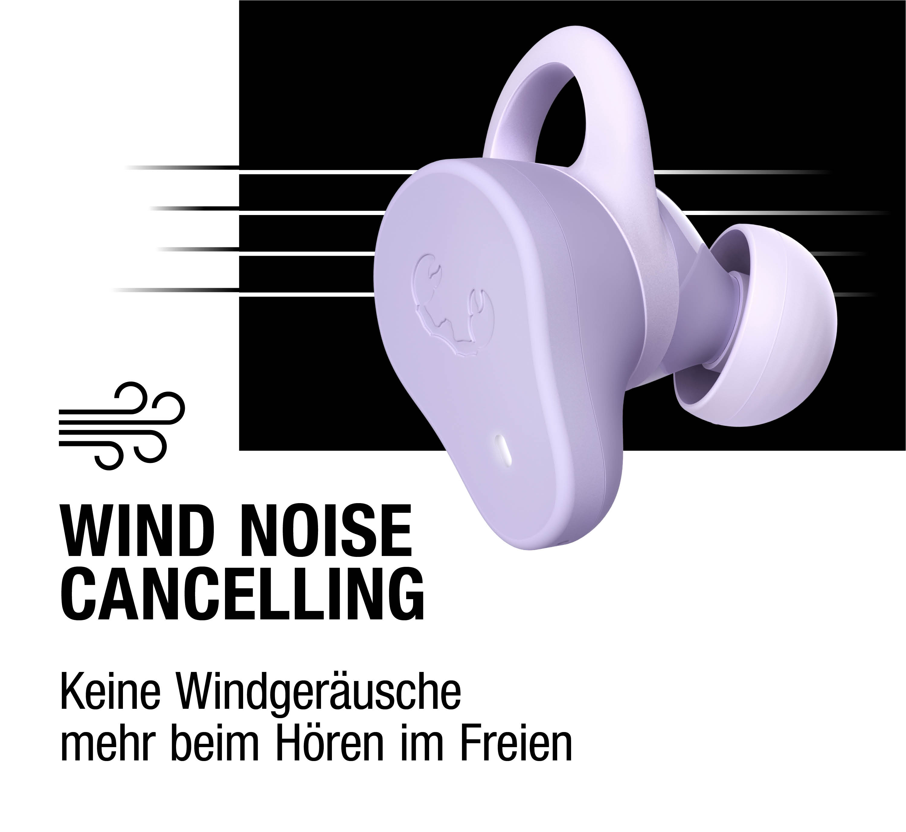 Ein lavendelfarbener Kopfhörer mit Windgeräuschunterdrückung-Symbol und Text.