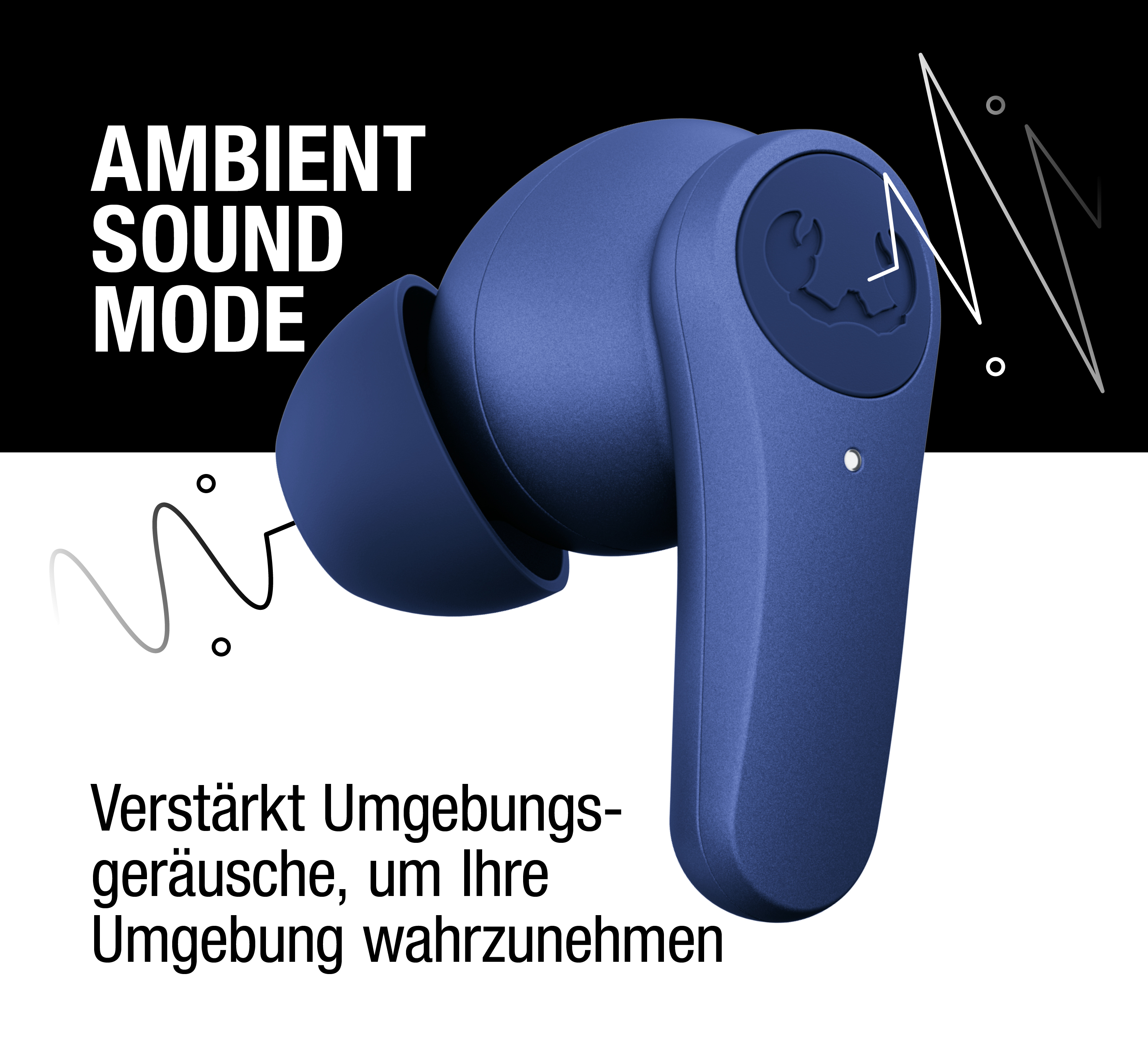 Dunkelblaue Ohrhörer mit "AMBIENT SOUND MODE" Schriftzug und Wellenlinien.