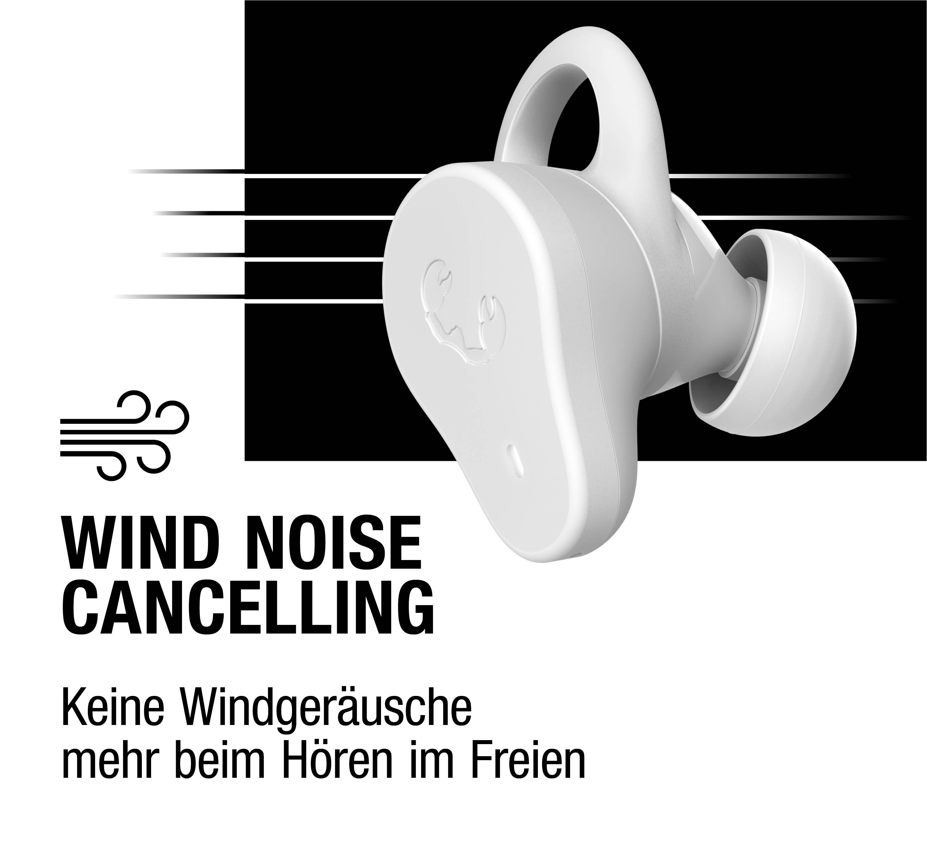 Weißer Kopfhörer mit Windgeräuschunterdrückungs-Symbol und Text.