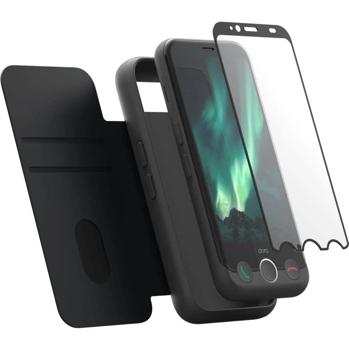 Custodia nera, pellicola protettiva e smartphone su sfondo bianco.