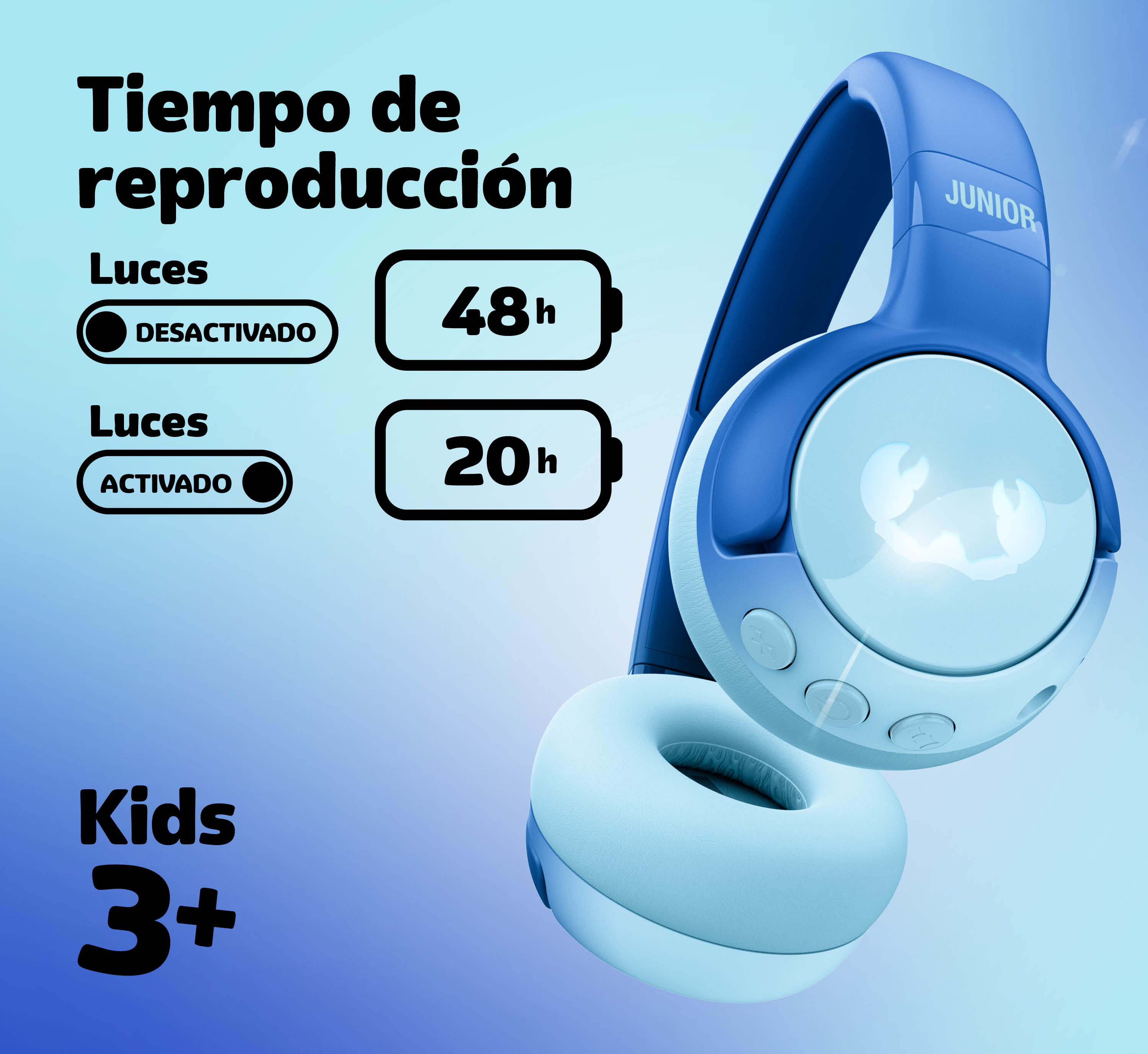 Auriculares azules para niños: 48h con luces apagadas, 20h con luces encendidas.