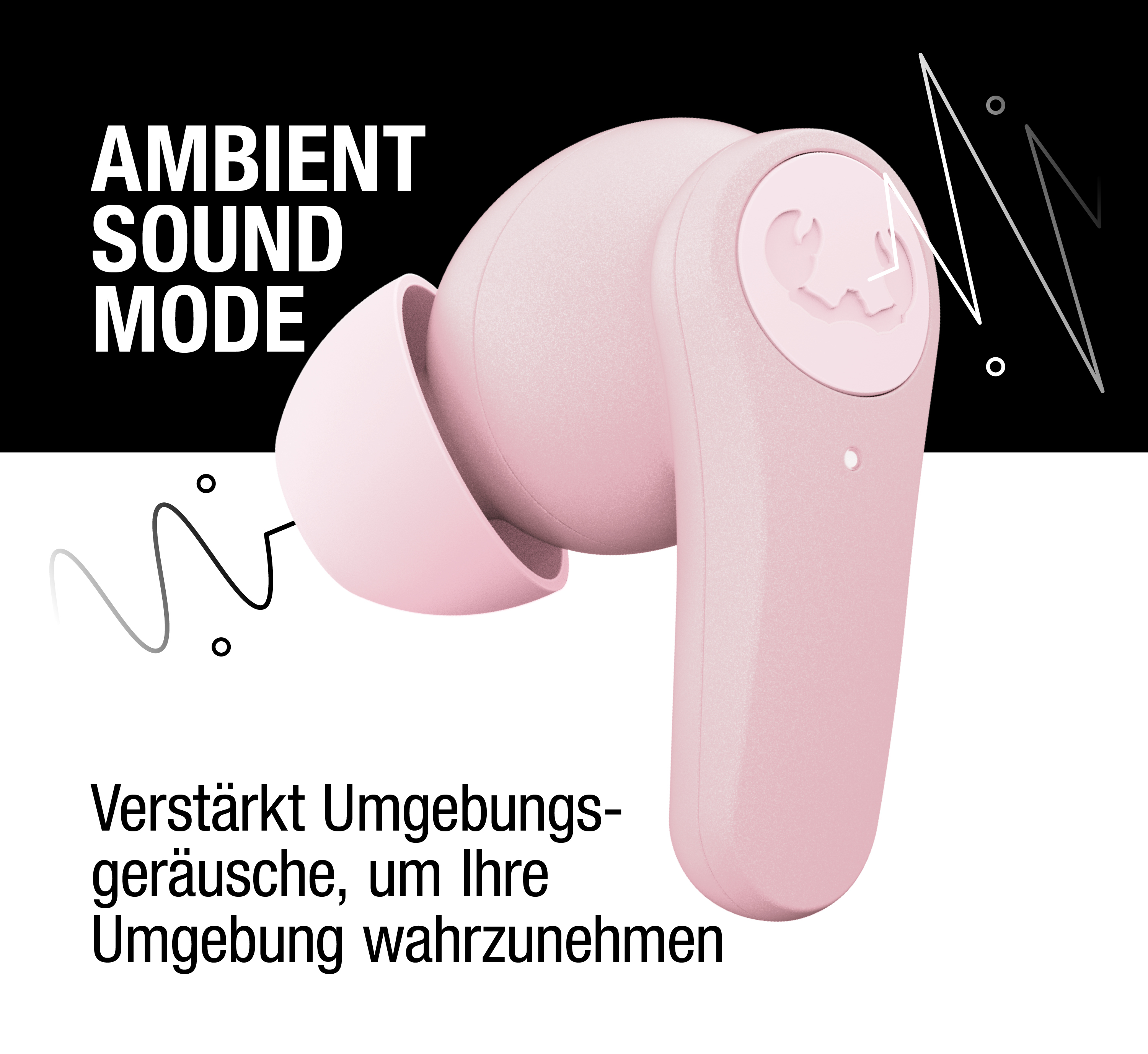Ein rosafarbener Ohrhörer mit Text: Ambient Sound Mode.